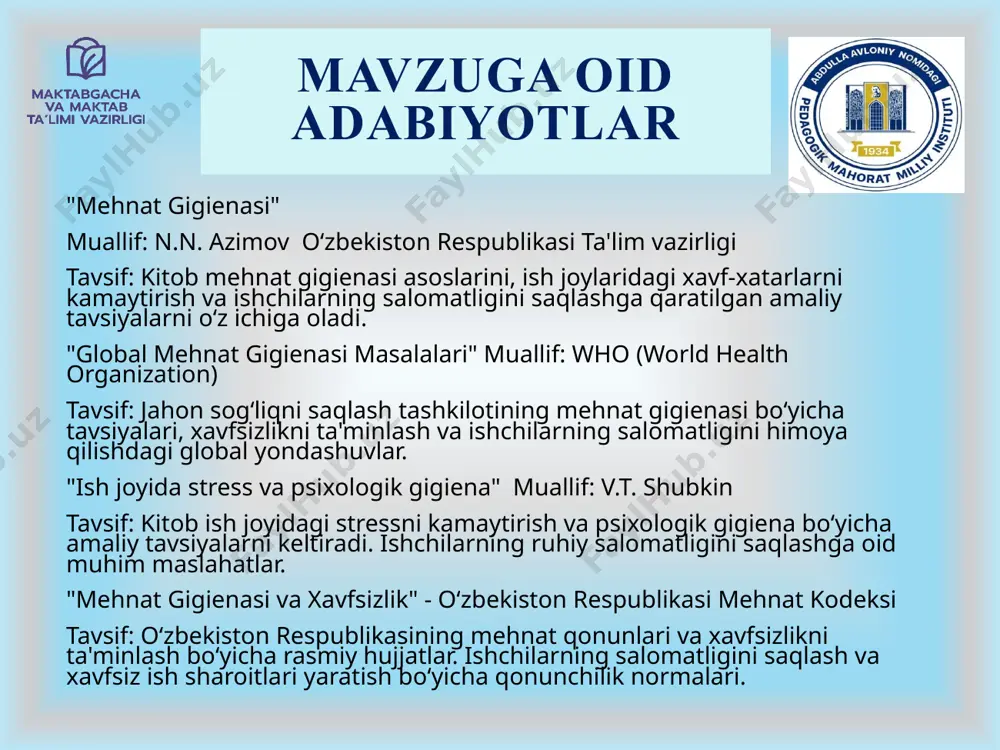 i saqlash va tayyorlashda gigiena qoidalariga rioya qilish zarur.o'qituvchilar va ma'muriyatning ta'limi: o'qituvchilar va maktab ma'muriyati o'quvchilarni mehnat gigienasi haqida doimiy ravishda ma'lumot berib borishlari, shu jumladan, sinfda xavfsizlikni ta'minlashda o'z mas'uliyatlarini tushuntirishlari kerak.maktab jihozlarining gigienik holati: o'quvchilar foydalanadigan barcha jihozlar, stollar, stullar va boshqa ashyolar doimiy ravishda tozalanishi kerak, shu bilan birga har bir jihozning xavfsizligi tekshirilishi kerak. v a z i f a l a r 1. sinf xonalarini toza va tartibli saqlash:sinf xonalarini muntazam ravishda tozalash va sanitariya talablariga rioya qilish. o'quvchilar uchun qulay va sog'lom muhit yaratish, chang, kir va boshqa ifloslanishlardan saqlanish. 2. o'qituvchilar va xodimlar uchun mehnat xavfsizligini ta'minlash: har qanday xavfli vaziyatlarda o'quvchilar va xodimlarga yordam ko'rsatish. 3. sog'liqni saqlash va kasalliklarning oldini olish: o'quvchilarga va o'qituvchilarga sog'lom turmush tarzini targ'ib qilish. 4. maktabda sanitariya-texnik vositalar va jihozlarni tozalash: o'quvchilar foydalanadigan mebel, jihozlar va boshqa ashyolarni toza va gigiyenik holatda saqlash. maktabda sanitariya-texnik …
