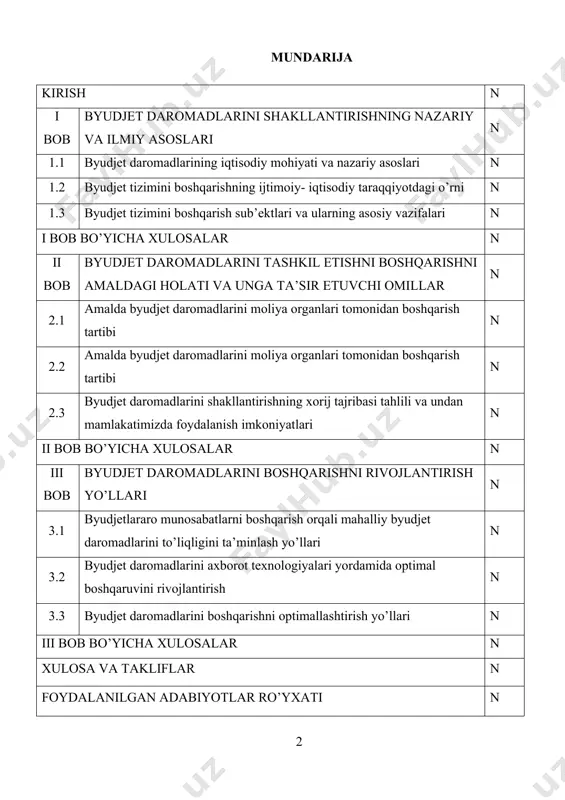 dlarini boshqarishni takomillashtirish bo'yicha olib borilgan islohotlar natijasida byudet soliq to'lovlarini oqilona tashkil etish o'z samarasini berib kelmoqda. amalga oshirilayotgan iqtisodiy islohotlar ta'sirida byudjet daromadlarini boshqarish masalalarining qay darajada hal etilganligiga bog'liq. byudjet daromadlarini samarali boshqarishni amalga oshirish ularning moliyaviy holati bilan ham bevosita bog'liq. bir vaqtning o'zida "...ba'zi viloyatlar va ko'plab qishloq tumanlari byudjetlarining dotasiyada qolib ketayotgani, ya'ni respublika byudjeti hisobidan ta'minlanayotgani, ... tumanlarda mahalliy byudjet xarajatlarining 50 foizdan ko'prog'i viloyat va respublikadan olinadigan dotasiya hisobiga qoplanayotganini qanday baholash kerak?"degan fikrlari ushbu byudjet daromadlarini boshqarishda oydinlik kiritadi. chunki bunday sharoitda byudjet daromadlarini boshqarish soliqlar rolini oshirishni talab etadi. soliq to'lovlari va davlat byudjeti daromadlarini boshqarish chambarchas bog'liq bo'lib birini boshqarish o'z samarasini bersa, ikkinchisini barqarorligi ta'minlanadi. ammo byudjet daromadlarini boshqarishda soliqlarning roli sezilarli darajada emas. misol uchun mahalliy soliqlar toifasiga kiruvchi soliqlar hisobidan mahalliy byudjetlar daromadlarining ko'pi bilan 17%ni tashkil etmoqda. ayrim viloyatlarda uning salmog'i 10%dan past. bu esa …