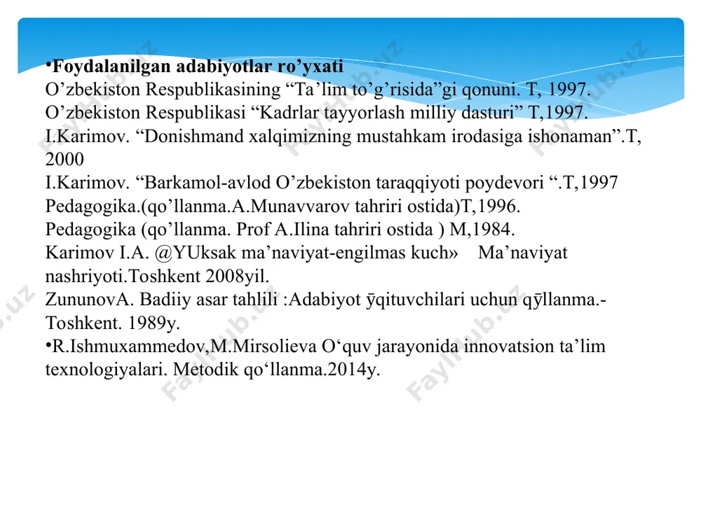 z navbatida. o`zbekiston respublikasi rahbariyati yosh avlodni umuminsoniy va milliy-ma’naviy, madaniy qadriyatlar ruhida tarbiyalash sohasida kun tartibiga qo`yayotgan vazifalarga bog`liq. ular pedagogik jarayondagi muomala odobida unda qatnashayotgan kishilarning xulqi, xatti-harakatlarida ifodalanadi. bu xatti-harakatlar pedagogik jarayon qatnashchilarining ta’lim-tarbiya maqsadi, vazifalari usul va vositalarini, axloqiy qadriyatlarni qay darajada qabul qilishlari shaklida namoyon bo`ladi. xushmuomalalik-asosiy mazmun insoniy muomalaning turli vaziyatlarda ahloqning muayyan qoidalariga rioya qilish,odobga rioya qilish odatlaridan iborat xarakter belgisidir. pedagogik jarayonda o`qituvchi axloqiy munosabatlarning sub’ekti hisoblanadi. u pedagogik jarayonning asosiy kishisi — figurasi sifatida o`quvchilar, kasbdoshlar, ota-onalar bilan muomalada bo`ladi. pedagogik muomala odobi tizimida o`qituvchi asosiy figuradir. o`quvchilar, kasbdoshlari, ota-onalar, pedagoglar jamoasi va jamoat tashkilotlarining vakillari o`qituvchi uchun pedagogik muomala-munosabatlarning ob’ekti hisoblanadi. ular bilan bo`ladigan aloqalar yosh avlodga ta’lim-tarbiya berish vazifalarini bajarish jarayonida sodir bo`ladi. 1.prognostik bosqich (modellashtirish) : o’qituvchi tomonidan sinf jamoasi bilan bo’lajak muloqotni modellashtirish; 2.kommunikativ aloqa: o’qituvchi bilan dastlabki o’zaro tanishuv jarayonida bevosita muloqotni tashkil etishga erishish; 3.pedagogik …