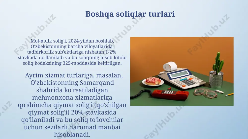i qayta taqsimlash orqali, kam ta'minlangan 10% aholiga ijtimoiy yordam koʻrsatishga 5% byudjet mablagʻlarini yoʻnaltirishga imkon beradi. soliqlar davlat byudjetini 2023-yilda 15% ga toʻldirishda muhim rol oʻynaydi, bu esa mamlakatning infratuzilmasi, ta'lim va sogʻliqni saqlash kabi sohalarni rivojlantirishga sarflanadi. bilvosita soliqlar 2022-yilda o'zbekiston respublikasida bilvosita soliqlarning umumiy daromadi 50 trillion so'mdan oshdi, bu davlatning infratuzilmani rivojlantirish va ijtimoiy dasturlarni moliyalashtirishga yordam berdi. bilvosita soliqlar, masalan, qo'shilgan qiymat solig'i (qvsh), o'zbekistonda 2023-yilda yalpi ichki mahsulotning 15% dan ortiq qismini tashkil etdi va byudjetga katta hissa qo'shdi. aksiz solig'i aksiz solig'i, o'zbekistonda 2023-yilda yalpi ichki mahsulotning 10% dan ortiq qismini tashkil etgan holda, davlat byudjeti daromadlarining muhim manbalaridan biri hisoblanadi. aksiz solig'i tushumlari, o'zbekistonning toshkent, samarqand va andijon kabi yirik shaharlaridagi ijtimoiy infratuzilmani rivojlantirishga yo'naltiriladi va 2024-yil uchun byudjetda 15 trillion so'm miqdorida prognoz qilingan. e'tiboringiz uchun rahmat @taqdimot_robot image4.png image5.jpg image6.jpg image7.jpg image8.jpg image9.jpg image10.jpg image11.jpg image12.jpg image13.jpg image14.jpg image15.jpg image16.jpg …