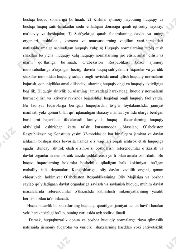 putatlari kengashlariga, oliy davlat vaqillik organi, qonun chiqaruvchi hokimiyat o`zbekiston respublikasining oliy majlisiga va boshqa saylab qo`yiladigaan davlat organlariga saylash va saylanish huquqi, muhim davlat masalalarida referendumlar o`tkazishda katnashish imkoniyatlarining yaratib berilishi bilan ta`minlanadi. huquqbuzarlik bu shaxslarning huquqqa qaratilgan jamiyat uchun havfli harakat yoki harakatsizligi bo`lib, buning natijasida ayb sodir qilinadi. demak, huquqbuzarlik qonun va boshqa huquqiy normalarga rioya qilmaslik natijsaida jismoniy fuqarolar va yuridik shaxslarning kasddan yoki ehtiyotsizlik sababli bo`lib jamiyat, davlat va shaxs manfaatlariga moddiy yoki ma`naviy zarar yetkazadi. huquqbuzarlik jamiyatga havflilik darajasi va harakteriga qarab ikki turga bo`linadi ; jinsi yva nojuya ish jinsiy huquqbuzishlik jamiyat uchun havfli bo`lgan kishilarning aybli ijtimoiy qilmisht (harakat va harakatsihligi) bo`lib, o`zrjk normaari bilan tartibga solinib, tegishli jazo choralari qo`llaniladi. nojuya ish huquqbuzarlikning ko`p tarqalgan turi bo`lib, ular bir-birlaridan jamiyat uchun qancha havfliligi, xatti-harakatining harakteri, oqibatlari va qo`llaniladigan jazo choralari bilan fark qiladi. nojuya ish huquqbuzarlik ijtimoiy munosabatlarning turiga va ularning …
