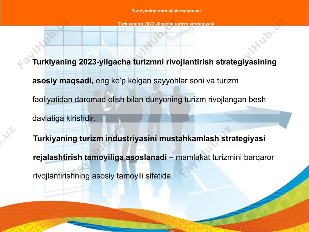 giya turistik hududlarning 3 guruhini (9 turistik hudud) aniqladi: 4 4 3) diniy koridor - diniy turizmni rivojlantirish uchun yaratilgan. turkiyaning 2023 yilgacha turizm strategiyasi turizmni rivojlantirish yo‘laklari – aholi punktlari, turizmni rivojlantirish zonalari, mehmonxonalar va boshqa dam olish va ko‘ngilochar joylar o‘rtasidagi zamonaviy transport yo‘laklari. shunday qilib, bugungi kunda turkiyada quyidagi koridorlar ajralib turadi: 2) qishki koridor - yo‘lak qishki turizmni rivojlantirish, tabiiy, madaniy va tarixiy diqqatga sazovor joylarni rivojlantirishga e’tibor berish uchun yaratilgan. 1) zaytun koridori - mintaqa ko'plab o'simlik turlari mavjud bo'lgan sog'lomlashtirish maskani sifatida rivojlantiriladi. 5 turkiyaning 2023 yilgacha turizm strategiyasi 4) ipak yoʻli – “ipak yoʻli”ning tarixiy joyida joylashgan boʻlib, ekoturizmni, shuningdek, mintaqaning qishki turizm infratuzilmasini rivojlantirish uchun moʻljallangan. 5) qora dengiz yo'lagi - sa'y-harakatlar ichki turizmni rivojlantirishga qaratilgan bo'lib, uning yo'nalishi mamlakatning qirg'oqbo'yi shaharlarini bog'laydi. 6) koridor platosi - landshaftlar va qirg'oq madaniyatini o'z ichiga oladi. 7) madaniy yo'lak - marmara dengizining yevropa qanotida …