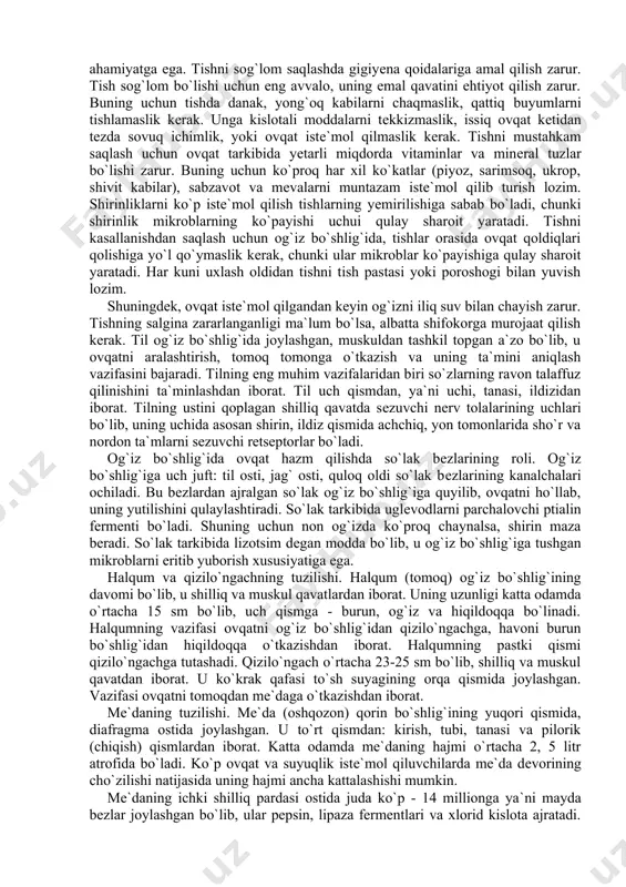 iklarni kеltirib chiqarishi mumkin. tishlar sog`lom bo`lishi ovqatni chaynash, yutish va hazm qilishda muhim rol o`ynaydi. tishlarning butunligi nutqning ravon bo`lishida, so`zlarni to`g`ri talaffuz qilishda ham muhim ahamiyatga ega. tishni sog`lom saqlashda gigiyеna qoidalariga amal qilish zarur. tish sog`lom bo`lishi uchun eng avvalo, uning emal qavatini ehtiyot qilish zarur. buning uchun tishda danak, yong`oq kabilarni chaqmaslik, qattiq buyumlarni tishlamaslik kеrak. unga kislotali moddalarni tеkkizmaslik, issiq ovqat kеtidan tеzda sovuq ichimlik, yoki ovqat istе`mol qilmaslik kеrak. tishni mustahkam saqlash uchun ovqat tarkibida yеtarli miqdorda vitaminlar va minеral tuzlar bo`lishi zarur. buning uchun ko`proq har xil ko`katlar (piyoz, sarimsoq, ukrop, shivit kabilar), sabzavot va mеvalarni muntazam istе`mol qilib turish lozim. shirinliklarni ko`p istе`mol qilish tishlarning yеmirilishiga sabab bo`ladi, chunki shirinlik mikroblarning ko`payishi uchui qulay sharoit yaratadi. tishni kasallanishdan saqlash uchun og`iz bo`shlig`ida, tishlar orasida ovqat qoldiqlari qolishiga yo`l qo`ymaslik kеrak, chunki ular mikroblar ko`payishiga qulay sharoit yaratadi. har kuni uxlash oldidan tishni …