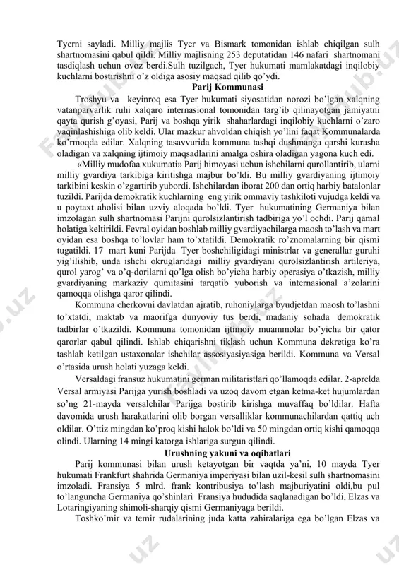 iya chegaralariga keltirildi. fransiya qo’shinlari shimoli-sharqiy chegaralarda saarbryukindan belfargacha bo’lgan masofada joylashtirildi. qo’shinga napoleon iii ning shaxsan o’zi qo’mondonlik qildi. fransuzlar hujum qilmasdan faqat mudofaa bilan cheklanishga majbur bo’ldilar. veysenburg ostonasida, strassburg shimolida va nihoyat belgiya chegarasidagi sedanda bo’lgan hal qiluvchi jangda fransiya qo’shinlari ketma-ket ravishda mag’lubiyatga uchradilar. 1870 yil 1-sentyabrda sedandagi mag’lubiyatdan so’ng napoleon iii bo’yrug’i bilan fransiyaning taslim bo’lganligi ma’lum qilindi. bu bilan fransiya imperatori mamlakatda o’z hukumronligini saqlab qolishga harkat qildi. fransiyada 1870 yil 4-sentyabr inqilobi fransuz qo’shinlarining mag’lubiyatga uchraganligi haqida xabar parij aholisining ommaviy narozilik harakatlariga sabab bo’ldi. xalq orasida imperator va hukumatning nufuzi tushib ketdi. qonun chiqaruvchi korpus binosida respublikachilar va monarxiyachi-orleanchilar yig’ildilar. ularning bir qismi respublika to’zo’mi va islohotlar uchun harakat qilayotganligiga qaramasdan, ular xalq inqilobidan cho’chimoqda edi. ularning boshqa bir qismi esa respublika tarafdori, uchinchi bir qismi esa graf parijskiy boshchiligida orleanchilar hukumronligini tiklashga, to’rtinchi birlari esa legitimistlar vakili bo’lgan gersog shambora boshchiligida …
