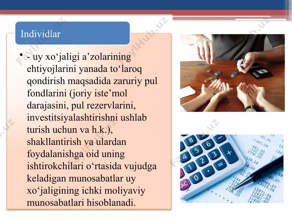 o'lmagan moliyaviy aktivlarga ega. umuman olganda, rivojlangan dunyoda uy xo'jaliklarining qariyb 50% likvid bo'lmagan moliyaviy aktivlarga ega, rivojlanayotgan mamlakatlarda esa 25% dan kamrog'i. foydalanilgan adabiyotlar ro’yxati darslik va qo’llanmalar moliya va soliqlar- s.k.xudoyqulov moliyaviy tahlil- m.y.raximov moliya- r.d.dusmuratov saytlar www.kun.uz www.economicsobservatory.com www.stat.uz image2.gif image3.jpeg image4.jpeg image5.jpeg image6.jpeg image7.jpeg image8.png image9.jpeg image10.jpeg image11.jpeg image12.emf oleobject1.bin balancing the accounts coin bank and us currency ta’lim 30% sog’likni saqlash uchun 34% farmaseftika 9% ijtimoiy ishlar 9% ko’ngil ochar va dam olish 6% ko’chmas mulk 4% boshqalar 8% диаграмма1 диаграмма1 30 34 9 9 6 4 8 продажи ta’lim 30% sog’likni saqlash uchun 34% farmaseftika 9% ijtimoiy ishlar 9% ko’ngil ochar va dam olish 6% ko’chmas mulk 4% boshqalar 8% лист1 продажи таълим 30 соғлиқни сақлаш хизматлари 34 фармацевтика 9 ижтимоий ишлар 9 кўнгил очар ва дам олиш 6 кўчмас мулк 4 бошқалар 8 /docprops/thumbnail.jpeg