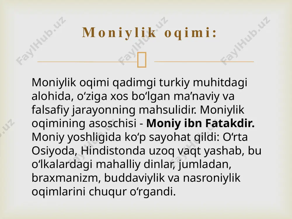 , avliyo yepifaniyoning asarlarida (iv asr), nasroniy-suryonly yilnomalarida, qator arab va fors manbalarida ham bor.  budda oqimi: buddaviylik dunyodagi yirik, keng tarqalgan dinlar - islom va masihiylik (xristianlik)dan ham qadimiydir. “budda” degan nom sanskritcha bo‘lib, “ong tiniqlashuvi” ma’nosini bildiradi. buddaning hayotini tasvirlaydigan hikoyalar “chadik” deb ataladi va mifologik mazmunga yo‘g‘rilgan bo‘lib, “xudoning odami” timsolini gavdalantiradi. budda tarixiy shaxs sifatida talqin qilinadi. tirik mavjudotlarni azob-uqubatlardan qutqarish buddaning asosiy maqsadi bo‘lgan.  budda - haqiqat najotkori demakdir. uning asl nomi - siddxartxa. siddxartxaning onasi - shakiylar hukmdori mayyaning xotini bir kuni tushida yoniga oq filning kirib yotganini ko‘rdi. ma’lum vaqtdan so‘ng u o‘g‘il farzandli bo‘ldi. u boshqa ayollar singari tug‘may, qoltig‘dan dunyoga keltirdi. ayolning ovozini koinotdagi hamma xudolar eshitdi. borliqdagi uqubatlarning oldini oladigan zot keldi, deb xursand bo’ldilar. dono asita chaqaloqning buyuk qahramonliklar ko‘rsatishi haqida karomat qildi. chaqaloqqa siddxartxa deb ism qo‘ydilar. bu - “topshiriqni bajaruvchi” deganidir. siddxartxaning tug‘ilgan yili mil.ol. …