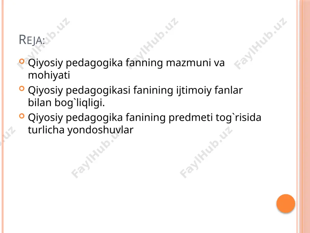 anish jarayonlarini aks ettiradigan fakt va dalillarnitasvirlash va tahlil etish; -turli mamlakatlardagi ta‘limning rivojlanishi to`g‘risidagi miqdor va sifat o`zgarishlarini qiyosiy tahlil qilish, tasniflash va tizimlashtirish; -turli mamlakatlardagi ta‘lim rivojlanishi tendensiyalari va qonuniyatlarini ochib berish; -turli mamlakatlarda ta‘limni rivojlantirishning yo`llari va imkoniyatlarini prognoz qilish; -xorij mamlakatlarida ta‘lim yutuqlari va kamchiliklarini o`zaro taqqoslash va qiyoslash; -xorij mamlakatlari ta‘lim tizimini umumiy tahlil qilish qiyosiy pedagogika fanining bajaradigan ishi. -xorij tajribasini mutaxassislar tomonidan o‘rganilishi qulay bo‘lishi uchun turli mamlakatlar pedagogik hujjatlaridagi atama va tushunchalarni muvofiqlashtirish va tartibga solish; -xorij va o’zbek pedagoglari ta‘lim arboblarining nazariy g‘oyalari, ta‘lim siyosati, ta‘lim modellarini o’zaro taqqoslash; -ta’limning rivojlanish istiqbollarini prognoz qilish; -ta’limni rivojlantirish strategiyasini ishlab chiqish. image2.jpeg /docprops/thumbnail.jpeg