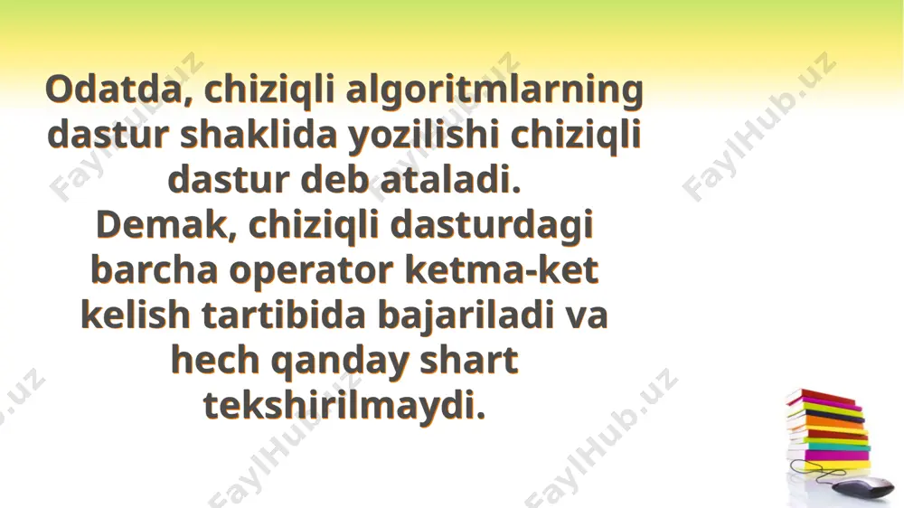 hlatiladi. ya’ni, tarmoqlanish operatoridan quyidagi shaklda ham foydalanish mumkin: if then bu tarmoqlanish operatorining qisqa shakli deyiladi. bu holda shart- ning qiymati rost bo‘lsa, then dan keyingi operator yoki operatorlar ketma-ketligi bajariladi, aks holda boshqarish navbatdagi (tarmoqlanish operatoridan keyingi) operatorga o‘tadi. misol. berilgan butun son manfiy bo‘lsa, bu sonni kubi bilan almashtiruvchi dastur tuzing. yechish. var a:integer; {berilgan son} begin write('ixtiyoriy butun son kiriting: '); readln(a); if a ; bu yerda for (uchun), to (gacha) va do (bajar) paskalning xizmatchi so‘zlari; i - butun turli ixtiyoriy o‘zgaruvchi bo‘lib, u takrorlash parametri deyiladi; n1 — takrorlash parametrining qabul qiladigan boshlang‘ich qiymati; n2 — takrorlash paramet­rining qabul qiladigan oxirgi qiymati; — takrorlanishi lozim bo‘lgan operator yoki operatorlar ketma- ketligi. takrorlanish tanasini operatorlar ketma-ketligi tashkil etgan bo‘lsa, ular albatta begin ko‘rsatmasi bilan boshlanib, end; ko‘rsatmasi bilan tugallanadi. takrorlash parametrining boshlang‘ich va oxirgi qiymatlari o‘zgarmas, o‘zgaruvchi yoki ifoda ko‘rinishida bo‘lishi mumkin. mazkur operator quyidagicha …