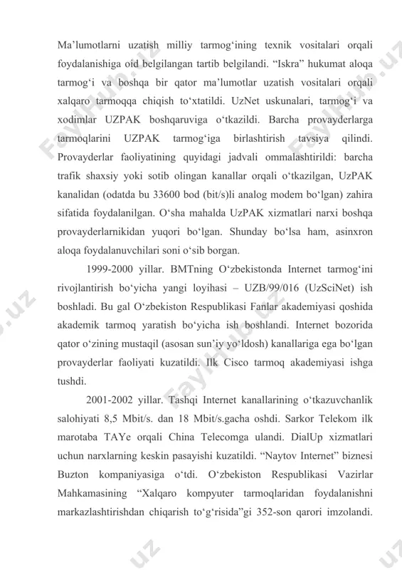 ib borgan. 1999-2000 yillar. bmtning o‘zbekistonda internet tarmog‘ini rivojlantirish bo‘yicha yangi loyihasi – uzb/99/016 (uzscinet) ish boshladi. bu gal o‘zbekiston respublikasi fanlar akademiyasi qoshida akademik tarmoq yaratish bo‘yicha ish boshlandi. internet bozorida qator o‘zining mustaqil (asosan sun’iy yo‘ldosh) kanallariga ega bo‘lgan provayderlar faoliyati kuzatildi. ilk cisco tarmoq akademiyasi ishga tushdi. 2001-2002 yillar. tashqi internet kanallarining o‘tkazuvchanlik salohiyati 8,5 mbit/s. dan 18 mbit/s.gacha oshdi. sarkor telekom ilk marotaba taye orqali china telecomga ulandi. dialup xizmatlari uchun narxlarning keskin pasayishi kuzatildi. “naytov internet” biznesi buzton kompaniyasiga o‘tdi. o‘zbekiston respublikasi vazirlar mahkamasining “xalqaro kompyuter tarmoqlaridan foydalanishni markazlashtirishdan chiqarish to‘g‘risida”gi 352-son qarori imzolandi. unga muvofiq, vazirlar mahkamasining 52-sonli qarorida qayd etilgan, o‘zbekiston respublikasi ma’lumotlarni uzatish tarmoqlari operatorlari (provayderlari)ning respublika va xalqaro kompyuter tarmoqlaridan, shu jumladan internetdan faqat «uzpak» ma’lumotlarni uzatish davlat tarmog‘ini rivojlantirish va undan foydalanish korxonasining va ma’lumotlarni uzatish milliy tarmog‘ining texnik vositalari orqali foydalanishiga oid belgilangan tartib bekor qilindi. provayderlar hali ham …