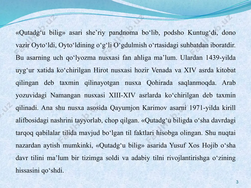 , 28 ta undosh tovush qo‘llangan. singarmonizm qonu- niyati saqlangan. doston tilida “y” o‘rnida “d” qo‘llash hodisasi ustun darajada: kedin - keyin, bedük - buyuk, qadğu - qayg‘u, оdan - uyg‘on, adaq - oyoq singari. «qutadg‘u bilig» asarida qo‘llangan 3370 ta leksemaning 2817 tasi turkiy (85 %), 416 tasi arabcha, 91 tasi fors-tojikcha, 7 tasi sanskritcha, 7 tasi so‘g‘dcha, 6 tasi xitoycha, 7 tasi arabcha+forscha, 2 tasi arabcha+yunoncha, 2 tasi sanskritcha + forscha, 1 tasi forscha+hindcha, 1 tasi arabcha+lotincha birlik sanaladi. dostonda turli sohaga doir so‘zlarni uchratish mumkin. jumladan, ijtimoiy-siyosiy terminlar: mansab va lavozimni ifodalovchi terminlar (aš baščï, qapuğ bašï), diplomatik atamalar (yalavač, yumuščï); harbiy terminlar (yatğaq, sü bašï); savdo-sotiq terminlari (satïğ, arqïš, ağïčï); tibbiy terminlar (emči, čurnï); antroponimlar (afrasiyab, faridun); oziq-ovqat va ichimlik nomlari (lewäš, etmäk) va hokazo. 7 dostonda qo‘llangan yezgü «ezgu», inč «tinch», yalŋuz «yolg‘iz», yaqšï «yaxshi», yïz «hid», yağmur «yomg‘ir», ögrän= «o‘rgan» kabi turkiy so‘zlar hozirgi …