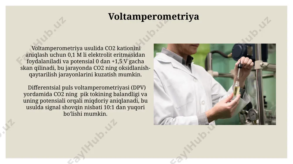ektrokimyoviy usullar, jumladan, potensialometriya va amperometriya yordamida eritmadagi ionlarning konsentrasiyasini aniqlash mumkin, bu 10⁻⁶ m gacha bo'lgan konsentrasiyalarni aniqlashga imkon beradi. gaz xromatografiyasi (gc) yordamida co₂ ni gaz aralashmasidan ajratib olish va keyinchalik mass-spektrometriya (ms) yoki boshqa detektorlar yordamida uning miqdorini aniqlash mumkin, bu usul yuqori aniqlik va sezgirlikni ta'minlaydi. mass-spektrometriya usuli mass-spektrometriya co₂⁺ kationining m/z nisbatini 44 ga teng boʻlgan ionlarning intensivligini oʻlchash orqali aniqlash imkonini beradi, bu esa uning miqdorini aniqlashga yordam beradi. yuqori aniqlikdagi mass-spektrometrlar yordamida co₂⁺ kationining izotopik tarkibi, masalan, ¹²c¹⁶o₂ va ¹³c¹⁶o₂ izotoplarining nisbatini aniqlash mumkin, bu esa manbaning aniqlanishiga yordam beradi. elektrokimyoviy usullar amperometrik titrlash co₂ kationini aniqlashda yuqori sezuvchanlikni ta'minlaydi, 10⁻⁷ m gacha bo'lgan konsentratsiyalarda aniq natijalar beradi va o'lchovlarni avtomatlashtirish imkonini beradi. voltamperometrik usullar, xususan, differentsial puls voltamperometriyasi co₂ kationini turli elektrod materiallarida, 10⁻⁶ m dan yuqori konsentratsiyalarda aniqlashga imkon beradi va elektrodlarning sirt holatiga sezgir emas. raman spektroskopiyasi raman spektroskopiyasi co₂ …