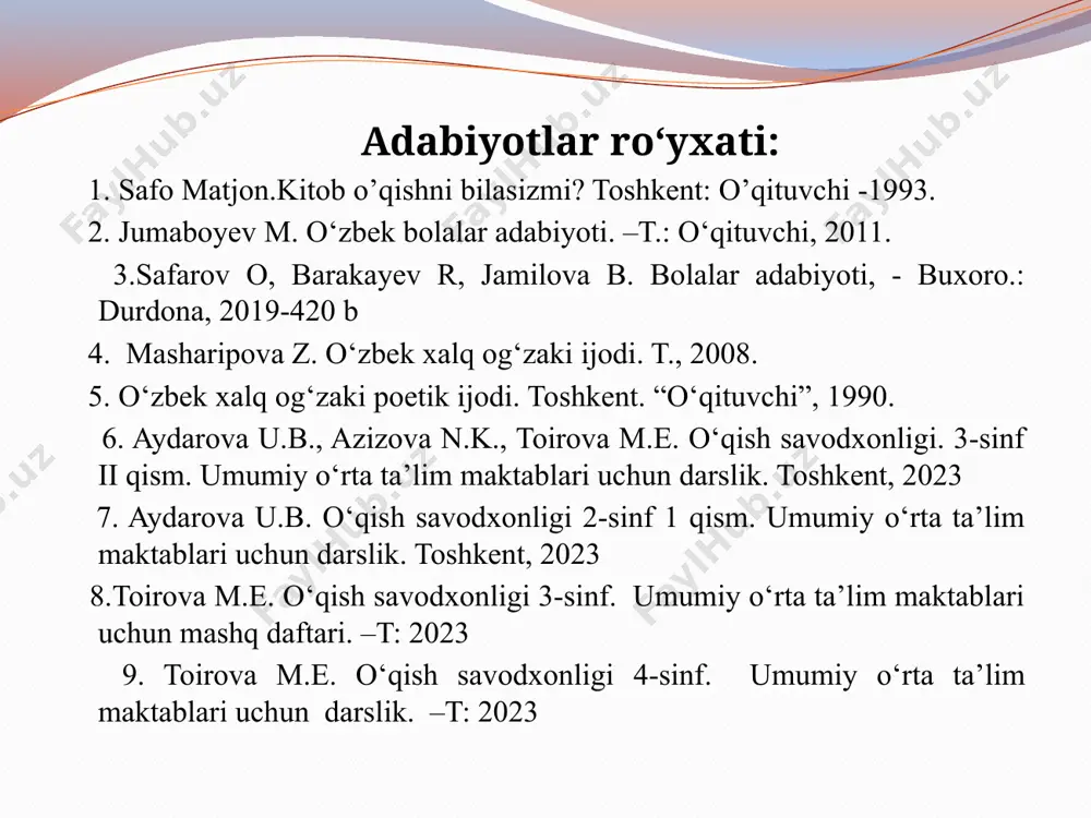 ini o‘stirish bilan birga, ularning fikrini, tasavvurini rivojlantiradi hamda ularda obrazli tushuncha hosil qiladi, shu bilan bir qatorda fikrlash qobiliyatini o‘stiradi. badiiy o‘qish tinglovchining yozuvchi tasvirlagan manzaralarni aniq tasavvur etishiga yordam beradi, o‘quvchilar ongida yozuvchi yaratgan obrazlar haqida yorqin tasavvur hosil qiladi. badiiy o‘qish yoddan o‘qishni ham o‘z ichiga oladi, puxta o‘zlashtirishni ta’minlaydi. yoddan o‘qishda o‘quvchi, asosan, matnni o‘zlashtirishga e’tibor beradi. shu orqali u asarni puxta o‘zlashtiradi. yoddan o‘qish bilan o‘quvchi asarda tasvirlangan voqealarni chuqur tasavvur etadi, voqea va obrazlar uning ko‘z oldida namoyon bo‘ladi. yoddan badiiy o‘qish asar g‘oyaviy mazmunini va shaklini uzviy birlikda o‘rganishda asosiy vosita bo‘lib xizmat qiladi. badiiy asar tilini tahlil qilish orqali o‘quvchilarda o‘z ona tiliga muhabbat hissi, badiiy asarni ongli o‘qish ko‘nikmasi o‘stiriladi, asar g‘oyasini chuqur idrok etishga zamin hozirlanadi, o‘quvchilar nutqi rivojlantiriladi. boshlang‘ich sinflarda to‘g‘ri, tez, ongli va ifodali o‘qishga o‘rgatish vazifasi o‘quvchilarda asarni tahlil qilish ko‘nikmasini shakllantirish bilan birga amalga oshiriladi. o‘qish …