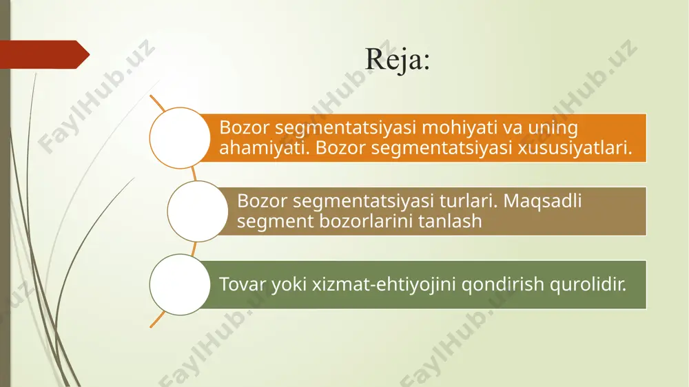 ntlash orqali, xo‘jalik yurituvchi subyekt quyidagi maqsadlarni ko‘zlaydi: ➢ iste’molchilarni xohish va talabini maksimal ravishda hisobga olish; ➢ tovarni (xizmatni) va xo‘jalik yurituvchi subyektni raqobatbardoshligini ta’minlash; ➢ xo‘jalik yurituvchi subyektni xarajatlarini optimallashtirish; ➢ xo‘jalik yurituvchi subyektni marketing strategiyasini samaradorligini oshirish; ➢ raqobatchilardan xolis bo‘lgan segmentlarga ketish. segmentlashning asosiy maqsadi bozordagi xatti-harakatlarni o‘rganib, ularning obrazini (modelini) va kelajakdagi ehtiyoj talablarni tasavvur qilishdan iborat. hozirgi raqobatda yutib chiqishning asosiy sharti yangi, yuqori sifatli tovar va kompleks servis texnika xizmatlarni hamda samarali sotish usullarini qo‘llashdan iborat bo‘lib qoldi. ana shu talablar asosida marketing tadqiqotlarining ustuvor turi iste’molchilarni o‘rganish va navbatida bozorni segmentlashdan boshlanadi, chunki bozor bir xil subyektlardan tashkil topgan emas. bozor segmentasiyasining xususiyatlari bozorni segmentlash, bozorni o‘rganishning asosiy usulidir. uning yordamida bozor (uning tarkibiy qismlari) segmentlarga bo‘linadi. bozor segmenti - bu iste’molchilar, tovarlar, raqobatchilarning shunday ajratilgan qismiki, ular uchun umumiy xususiyatlar xosdir. bozorni to‘g‘ri segmentlash, shu segmentning spesifik extiyojlariga qat’iy rioya qilingan …