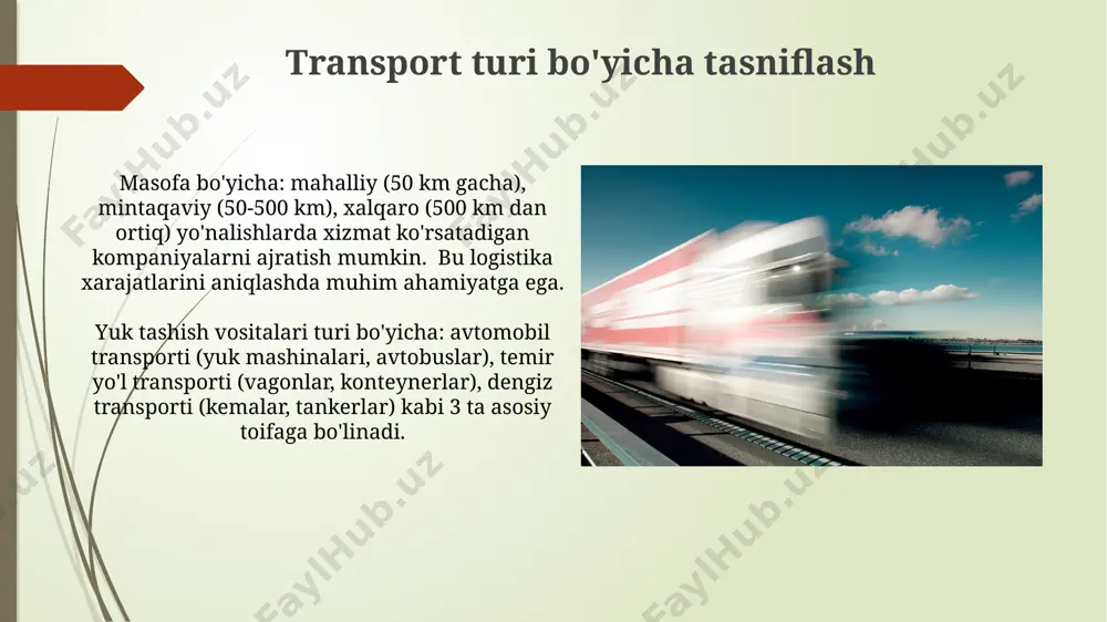 h koʻlamini aks ettiradi. kichik va oʻrta biznes vakili boʻlgan kompaniyalar koʻpincha 2-darajali mutaxassislashuvga ega boʻlib, 2-3 turdagi yuk tashish xizmatlariga ixtisoslashgan boʻlishadi. masalan, faqat avtomobil yoki temir yoʻl tashish. texnologiya darajasi bo'yicha tasniflash texnologiya darajasiga ko'ra, 1-toifa kompaniyalar avtomatlashtirilgan yuk tashishni boshqarish tizimlaridan (tms) foydalanib, yuklarni kuzatish va optimallashtirishni ta'minlaydi, bu esa samaradorlikni 20% ga oshiradi. 3-toifa kompaniyalar esa asosan qo'lda boshqariladigan tizimlarga tayanadi, bu ularning reaktsiya tezligini pasaytiradi va xatolik ehtimolini 15% ga oshiradi. mijozlar segmenti bo'yicha tasniflash xalqaro va mahalliy yuk tashish ehtiyojlariga moslashgan mijozlar segmentatsiyasi (masalan, 70% mahalliy, 30% xalqaro yuklar) logistika xizmatlarini optimallashtirishga yordam beradi. mijozlarning turli xil sanoat tarmoqlariga (masalan, avtomobilsozlik – 25%, oziq-ovqat – 30%, qurilish – 15%) boʻlinishi, transport vositalari va logistika yechimlarining tanlanishida muhim rol o'ynaydi. tarmoq tuzilishi bo'yicha tasniflash kichik va o'rta biznesga mansub yuk tashish kompaniyalarining aksariyati (75%) mahalliy tarmoq tuzilishiga ega bo'lib, bir yoki ikkita shaharda faoliyat yuritadi …