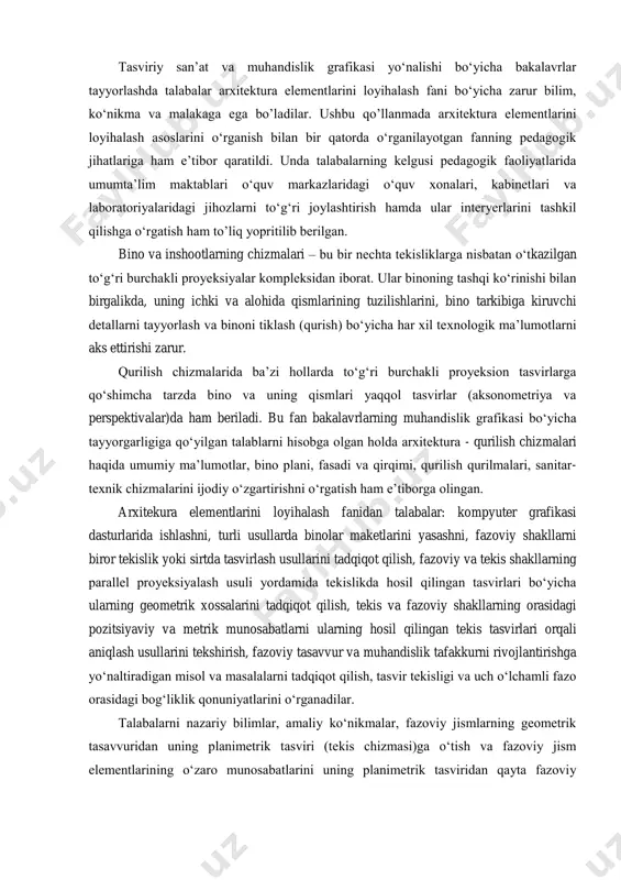 im muassasalari, korxona va boshqa shu kabi binolarning fasad chizmalarini bajarish hamda uni o‘qishni o‘rganadi. tasviriy san’at va muhandislik grafikasi yo‘nalishi bo‘yicha bakalavrlar tayyorlashda talabalar arxitektura elementlarini loyihalash fani bo‘yicha zarur bilim, ko‘nikma va malakaga ega bo’ladilar. ushbu qo’llanmada arxitektura elementlarini loyihalash asoslarini o‘rganish bilan bir qatorda o‘rganilayotgan fanning pedagogik jihatlariga ham e’tibor qaratildi. unda talabalarning kelgusi pedagogik faoliyatlarida umumta’lim maktablari o‘quv markazlaridagi o‘quv xonalari, kabinetlari va laboratoriyalaridagi jihozlarni to‘g‘ri joylashtirish hamda ular interyerlarini tashkil qilishga o‘rgatish ham to’liq yopritilib berilgan. bino va inshootlarning chizmalari – bu bir nechta tekisliklarga nisbatan o‘tkazilgan to‘g‘ri burchakli proyeksiyalar kompleksidan iborat. ular binoning tashqi ko‘rinishi bilan birgalikda, uning ichki va alohida qismlarining tuzilishlarini, bino tarkibiga kiruvchi detallarni tayyorlash va binoni tiklash (qurish) bo‘yicha har xil texnologik ma’lumotlarni aks ettirishi zarur. qurilish chizmalarida ba’zi hollarda to‘g‘ri burchakli proyeksion tasvirlarga qo‘shimcha tarzda bino va uning qismlari yaqqol tasvirlar (aksonometriya va perspektivalar)da ham beriladi. bu fan bakalavrlarning …