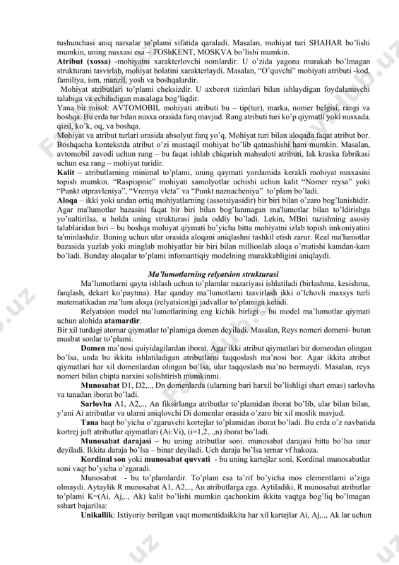 deganda, odatda, qulanilishi nuqtai nazaridan uzi bilan bir butunlikni ifoda etuvchi mavjudlik tushiniladi. mbbtlarda ob’ektlar iborasiga alohida ma’no yuklatilgan bo’lib, tuzilishi o’ziga xos murakkablik kasb etuvchi mbda ob’ektlar axborot oqimini boshqarish, ma’lumotlarni kiritish, saqlash, saralash, himoyalash, tahlil qilish va uzatish bilan bogliq qiyin amallarning bajarilishida ma’lum bir tartib o’rnatishga va shu asnoda foydalanuvchilar uchun etarlicha engillik yaratishga xizmat qiladilar. siz bilan biz o’rganishga kirishgan microsoft access dasturida asosiy ob’ektlarning etti xili mavjud. ular bilan bir qator tanishib chiqamiz. jadvallar -har qanday mbning asosiy ob’ektlari hisoblanadi. mbda saqlanishi kerak bo’lgan barcha ma’lumotlar jadvallarga jo bo’ladi, shuningdek, jadvallar maydonlardan, maydonlarning turlari va xossalaridan iborat tuzilmani-mb tuzilmasini ham o’zlarida ifoda etadilar. so’rovlar kerakli ma’lumotlarni mb jadvallaridan foydalanuvchiga qulay tarzda tanlab beruvchi vositadir. so’rovlar yordamida mb jadvallari ustida ko’pgina amallar bajariladi, ya’ni so’rovlar orqali ma’lumotlarni saralash, ya’ni filtrlash, ma’lumotlarni berilgan tartibda o’zgartirish, ma’lumotlar ustida hisob-kitoblar, jadvallarni boshqa manbalardan avtomatik tarzda chaqirib olingan ma’lumotlar bilan …