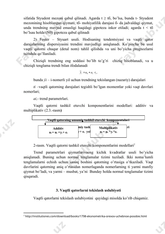 hli bo’lgan momentlar yoki vaqt davrlari nomerlari; ai,- trend parametrlari. vaqtli qatorni tashkil etuvchi komponentlarini modellari: additiv va multiplikativ (2.3.-rasm) 2-rasm. vaqtli qatorni tashkil etuvchi komponentlarini modellari trend parametrlari qiymatlarivaeng kichik kvadratlar usuli bo’yicha aniqlanadi. buning uchun normal tenglamalar tizimi tuziladi. ikki noma’lumli tenglamalarni echish uchun sanoq boshini qatorning o’rtasiga o’tkaziladi. vaqt davrlarini qatorning aniq o’rtasidan nomerlaganda nomerlarning ti yarmi manfiy qiymat bo’ladi, va yarmi – musbat, ya’ni bunday holda normal tenglamalar tizimi qisqaradi. 3. vaqtli qatorlarni tekislash uslubiyoti vaqtli qatorlarni tekislash uslubiyotini quyidagi misolda ko’rib chiqamiz. viloyat aholisi tomonidan 20 chorak uchun iste'mol qilingan elektr energiyasining hajmi to'g'risida shartli ma'lumotlar mavjud: 1 6,1 5 7,2 9 8,2 13 9,3 17 8,9 2 4,9 6 5,3 10 5,8 14 7,2 18 7,2 3 5,5 7 7,4 11 6,6 15 7,8 19 7,9 4 8,2 8 9,8 12 10,2 16 10,9 20 11,1 talab qilinadi: 1. avtokorrelyatsiya funktsiyasini tuzing va mavsumiy …