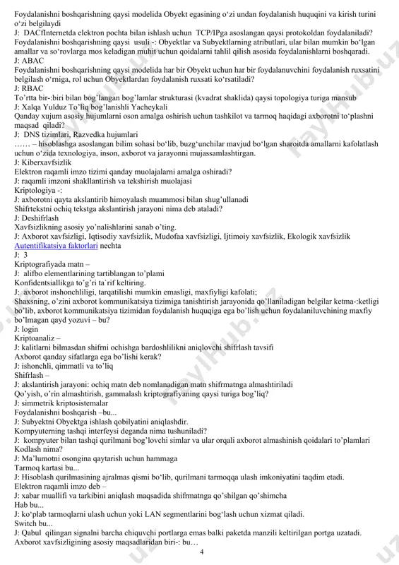 ktorlari nechta j: 3 kriptografiyada matn – j: alifbo elementlarining tartiblangan to’plami konfidentsiallikga to’g’ri ta`rif keltiring. j: axborot inshonchliligi, tarqatilishi mumkin emasligi, maxfiyligi kafolati; shaxsning, o’zini axborot kommunikatsiya tizimiga tanishtirish jarayonida qo’llaniladigan belgilar ketma-:ketligi bo’lib, axborot kommunikatsiya tizimidan foydalanish huquqiga ega bo’lish uchun foydalaniluvchining maxfiy bo’lmagan qayd yozuvi – bu? j: login kriptoanaliz – j: kalitlarni bilmasdan shifrni ochishga bardoshlilikni aniqlovchi shifrlash tavsifi axborot qanday sifatlarga ega bo’lishi kerak? j: ishonchli, qimmatli va to’liq shifrlash – j: akslantirish jarayoni: ochiq matn deb nomlanadigan matn shifrmatnga almashtiriladi qo’yish, o’rin almashtirish, gammalash kriptografiyaning qaysi turiga bog’liq? j: simmetrik kriptosistemalar foydalanishni boshqarish –bu... j: subyektni obyektga ishlash qobilyatini aniqlashdir. kompyuterning tashqi interfeysi deganda nima tushuniladi? j: kompyuter bilan tashqi qurilmani bog’lovchi simlar va ular orqali axborot almashinish qoidalari to’plamlari kodlash nima? j: ma’lumotni osongina qaytarish uchun hammaga tarmoq kartasi bu... j: hisoblash qurilmasining ajralmas qismi bo‘lib, qurilmani tarmoqqa ulash imkoniyatini taqdim etadi. elektron …