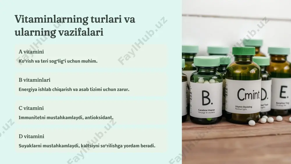 ri va oqibatlari belgilar charchoq va zaiflik terining quruqligi soch to‘kilishi oqibatlar immun tizimi zaifligi ko‘rish muammolari suyak zaifligi 9 sog'lom hayot uchun vitaminlar iste'moli bo'yicha tavsiyalar 1 turli oziq-ovqatlar iste'mol qiling har kuni rang-barang meva va sabzavotlar. 2 qo‘shimcha vitaminlardan foydalaning mutaxassis tavsiyasiga binoan qabul qiling. 3 sog‘lom turmush tarzini olib boring jismoniy faollik va yetarli dam olish muhim. 10 image1.png image2.png image3.png image4.png image5.png image6.png image7.png image8.png image9.png image10.png image11.png image12.png image13.png