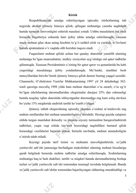 sodiy jihatdan o’sishini ta’minlovchi eng muhim omillaridan biri mehnat unumdorligini o’stirishdir. hozirgi paytda xalqimiz oldida turgan mamlakat iktisodiy va ijtimoiy-siyosiy turmushini barqarorlashtirish tadbirlari, yaqin vaqt ichida iste’mol bozoridagi taqchillikni bartaraf qilish borasidagi vazifalarini bajarish uchun, birinchi navbatda, mehnat unumdorligini o’stirish talab etiladi. keyingi paytda tarif tizimi va mehnatni muvofiqlashtirish, xo’jalik yurituvchi sub’ekt jamoasiga beriladigan mukofotlari ularning mehnat hissalariga qarab belgilash borasida muhim tadbirlar amalga oshirilmoqda. xodimlarning mehnatiga haq to’lash shakllari, tartibi va miqdori hamda daromadlarining boshqa turlari xo’jalik yurituvchi sub’ekt tomonidan mustaqil ravishda belgilanadi. bunda xo’jalik yurituvchi sub’ektlar tomonidan bajarilayotgan ishlarning murakkabligi va sharoitga qarab tabaqalash uchun davlat tarif stavkalari bo’yicha ish haqi, maoshlaridan mo’ljal uchun foydalanishlari mumkin. 1991 yildan boshlab xo’jalik yurituvchi sub’ekt va tashkilotlarga ish haqi fondi va moddiy rag’batlantirish fondining miqdorini belgilaydigan nomativlar yuqoridan tasdiqlanmaydigan bo’ldi. mehnatga haq to’lash xarajatlarining me’yorlashtiriladigan miqdori xo’jalik yurituvchi sub’ektning o’zi tomonidan faqat soliq solinmaydigan foydani hisoblab chiqish uchun aniqlanadi. xo’jalik yurituvchi …