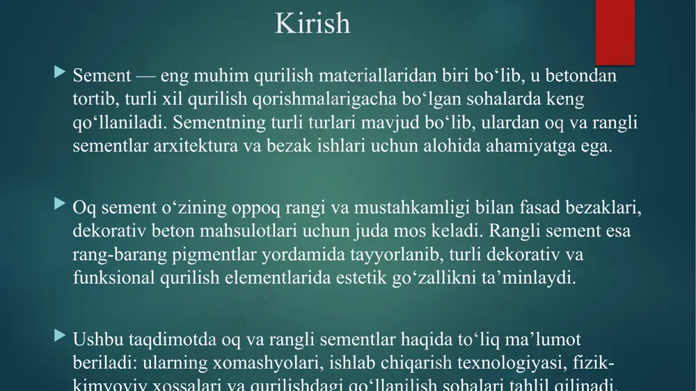 ing mustahkamligi oq sement bilan deyarli bir xil bo‘ladi: 30-40 mpa. 3. kimyoviy tarkibirangli sementning asosiy tarkibi o‘zgarmaydi, faqat rang beruvchi pigmentlar qo‘shiladi. pigmentlarning kimyoviy tarkibi: qizil pigment (temir oksidi, fe₂o₃) — 4-8% yashil pigment (xrom oksidi, cr₂o₃) — 2-5% sariq pigment (temir gidroksidi, fe(oh)₃) — 3-7% ko‘k pigment (kobalt oksidi, coo) — 1-2% tarkibi:cao⋅sio2​⋅al2​o3​⋅fe2​o3​ + pigmentlar oq sementning afzalliklari va kamchiliklari estetik ko‘rinish - oq sement yuqori estetik qiymatga ega bo‘lib, dekorativ elementlar yaratishda qo‘llaniladi. mustahkamlik - oq sement yuqori mustahkamlikka ega (28 kunlik pishish davomida 30–45 mpa), bu esa uning uzoq muddatli xizmat qilishini ta'minlaydi. keng qo‘llanish sohalari - fasadlar, interyer dizayni, beton mahsulotlar, yoritilgan joylar va boshqa ko‘plab qurilish ishlarida ishlatiladi. kamchiliklari narxi - oq sement ishlab chiqarish jarayoni murakkab va qimmatroq bo‘lishi mumkin, chunki u kam temir oksidi bilan ishlab chiqariladi. bu, uning narxini yuqori qiladi. issiqlikka chidamsizligi - oq sementning issiqlikka chidamliligi ba'zi holatlarda pastroq …