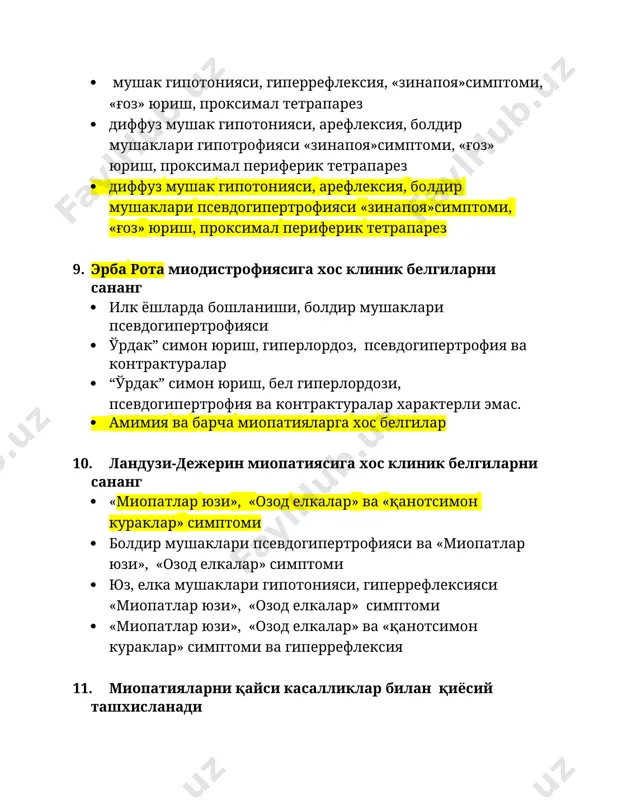 има сабаб бўлади · ўпка ва юрак етишмовчилиги · пневмониялар · буйрак етишмовчилиги · оғир анемия 18. дюшенн миопатияси неча ёшдан намоён бўлади · туғилган захоти · 10-15 ёшда · 2-5 ёшда · 3-7 ёшда 19. эрба -рота миопатияси неча ёшдан бошланади · 10 ёшдан кейин · 12-15 ёшда · илк ёшда · 7-8 ёшда 20. беккер миопатияси билан беморлар неча йил умр кўради · ҳаёт сифати нисбатан қониқарли 50-60 ёш · ҳаёт сифати паст 30 ёшгача · ўрганилмаган · ҳаёт сифати нисбатан қониқарли 70-80 ёш