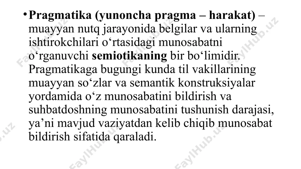 ) so‘zning emotsional bo‘yog‘i. so‘zning stilistik tavsifi va pragmatik ma’no. hamma janrlarda qo‘llanuvchi (ya’ni stilistik betaraf) so‘zlar bilan bir qatorda, qo‘llanish doirasi cheklangan so‘z va so‘z birikmalari mavjudki, ularni ma’lum janrlar va tillar uchungina qo‘llash mumkin. bunday cheklashlar so‘zlarning stilistik tavsifini belgilab beradi. shu maqsadda ham tarjimashunoslikda «stilistik tavsifnoma» atamasi ko‘p qo‘llanadi. ma’lumki, nutqni ifodalashning ikki asosiy ko‘rinishi hisoblangan og‘zaki-so‘zlashuv va yozma turlari mavjud. yozma nutqning quyidagi asosiy janrlari mavjud: 1) badiiy adabiyot; 2) rasmiy-ilmiy janr; 3) publitsistik janr va sh. k. bu janrlarning har biri kichik guruhlarga bo‘linadi. masalan: badiiy adabiyot – badiiy proza; dramaturgiya va she’riyatga, rasmiy-ilmiy janr rasmiy matnlarga, publitsistikaning o‘zi siyosiy adabiyot, gazeta va jurnal janrlari kabi turlarga bo‘linadi. yuqoridagilardan kelib chiqib, ingliz va o‘zbek tillarida quyidagi stilistik xarakterdagi so‘zlarni uchratishimiz mumkin: 1.neytral – lug‘at tarkibining yadrosini tashkil qiluvchi va hamma janrlarda qo‘llanadigan so‘zlar. 2.og‘zaki- so‘zlashuv – og‘zaki nutqda, norasmiy va ziyatlarda ishlatiladigan so‘zlar. ular yozma …