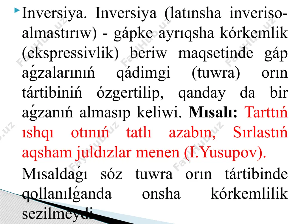 yúrish (ájiniyaz). garmon dawsına qosılǵan taq-taq ayaq oyınları, ritmli qol shappatlawlar, duwtarǵa qosılǵan shadlı qosıqlar… shetirekte juptılardıń jasırın sóylesiwleri…, ingalap jılaǵan bópesin qos alaqanına jatqarıp besik qılıp terbetken jigitler, kelinshekler… (t.qayıpbergenov). gradaciya. gradaciya (latınsha gradatio – kem-kemnen kóteriliw) - gáptegi birgelikli aǵzalardıń mánilik jaqtan kem-kemnen kúsheytirilip (yamasa páseytirilip) beriliwi. mısallar úmitsiz ıshqı órtedi onı, kúl etti (i.yusupov). mádikarǵa ketkenlerdiń kóbi óldi, óshti, joq boldı (m.dáribaev). antiteza. antiteza (grekshe antithesis – qarama-qarsı qoyıw) - sóylewdiń ótkirligin arttırıw maqsetinde bir frazada qarama-qarsı, kontrast túsiniklerdiń qollanılıwı. mısallar jurtqa ásel, maǵan ót qaltasań sen, kartlar sizge usap jasarsaq deydi, al men sizdey bolıp qartaysam deymen. sonda bir sen bolıp shadlıǵım, qayǵım, turdıń kóz aldımda, ámiwdiń qızı (i.yusupov). oksimoron. oksimoron (grekshe – oxymoron) bir-birine qarsı mánidegi sózlerdiń óz-ara dizbeklesip, ayrıqsha jańa mánidegi túsinikti payda etiwi óli janlar, tiri ólik. mısalı` ájayıp baxıtsız, baxtı qaraman (kúnxoja). 1. ilimiy stil ilimiy stil ádebiy tildegi kitаbıy stillerdiń qаtаrınа …