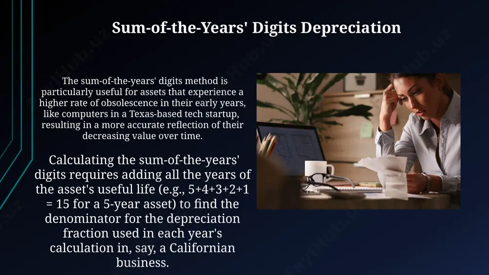 loys the straight-line method, systematically reducing its value by $1,000 annually. depreciation impacts a company's balance sheet, directly affecting the value of its assets in its financial statements filed with the sec, while amortization affects the income statement, impacting expenses and profitability for a business based in germany. choosing the right method for assets with a shorter useful life, like computers (estimated 3 years), the double-declining balance method may be preferable to the straight-line method in the first few years due to the accelerated depreciation, beneficial for businesses in rapidly changing technological landscapes like silicon valley consider the specific asset and its industry thank you for your attention @taqdimot_robot image1.jpg image2.jpg image3.jpg image4.jpg image5.jpg image6.jpg image7.jpg image8.jpg image9.jpg image10.jpg image11.jpg image12.jpg image13.jpg image14.jpg image15.jpg image16.jpg