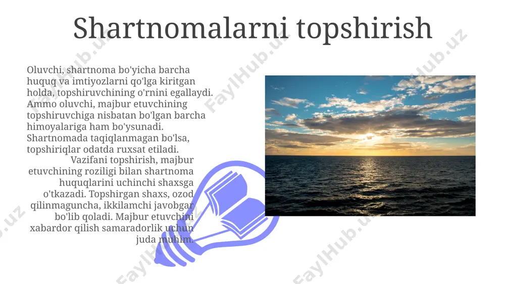 shinuvchi qiymat) va huquqiy munosabatlarni yaratish niyati orqali tuzilgan, huquqiy jihatdan majburiy kelishuv. e'tibor 01 02 to'lovning bajarilmasligi bir tomon va'da qilingan foydani olmaganida sodir bo'ladi. bu shartnomani bekor qilishga yoki shartnoma buzilishi kabi choralarni qo'llashga imkon beradi. kontrakt ikki yoki undan ortiq tomonlar o'rtasidagi qonun bilan majburiy qilinadigan kelishuv bo'lib, qonun bilan bajarilishi mumkin bo'lgan o'zaro majburiyatlarni yaratadi. asosiy elementlarga taklif, qabul qilish, muvofiqlashtirish va huquqiy munosabatlarni yaratish niyati kiradi. sales 1st qtr 2nd qtr 100 0 sales 1st qtr 2nd qtr 100 0 shartnomaning bekor qilinishi ijro: barcha tomonlar shartnoma majburiyatlarini to'liq bajarishi shartnomani bekor qiladi. bajarmaslik buzilish hisoblanadi. bir tomonning jiddiy buzilishi ikkinchi tomonga shartnomani bekor qilish va huquqiy choralar ko'rish imkonini beradi. kichik buzilishlar bunday ta'sirga ega bo'lmasligi mumkin. shartnoma shartlari taklif va qabul: amaldagi shartnoma bir tomonning aniq taklifi va ikkinchi tomonning aniq qabulini talab qiladi. bu ikkalasi "fikrlarning birlashuvi"ni hosil qilish uchun aniq mos …