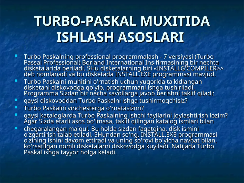 i dastur. bulardan tashqari, d: \tp \ bgi katalogida paskalning grafik rejim ishini ta'minlovchi fayllar mavjud: graph.tpu - turbo paskalning barcha grafik dasturlarini ishlashi uchun zarur bo'lgan modul; bgi kengaytmali bir nechta fayl-videosistemalarning turli tiplari bilan ishlashni ta'minlovchi drayverlar; chr kengaytmali bir nechta fayl - vektorli shriftlarni o'z ichiga oluvchi fayllar. turbo-paskal muhitida ishlash turbo-paskal muhitida ishlash bugungi kunda kasb-xunar kollejlarida va oliy ta'lim muassasalarida turbo paskalning 5-7 versiyalari keng tarqalganligini va undan foydalanish qulayligini hisobga olingan xolda, quyida turbo paskalning shu versiyalari uchun umumiy bo'lgan tomonlarini ko'ramiz. turbo paskal muhiti turbo.exe faylidan ishga yuklanib, uning asosiy vazifasi paskal tilidagi programmani taxrirlash va mashina kodiga o'tkazishdan iboratdir. turbo paskal muhitini yuklash natijasida bosh menyu hosil bo'lib, uni aktivlashtirish uchun, f10 tugmachasidan foydalaniladi. bosh menyu quyidagi bo'limlarni o'z ichiga oladi: quyida bosh menyuning mos ostki menyulariga qisqacha ta'riflar berilgan: files bo'limi: load (f3) pisk (alt + f3) new save (f2) write …