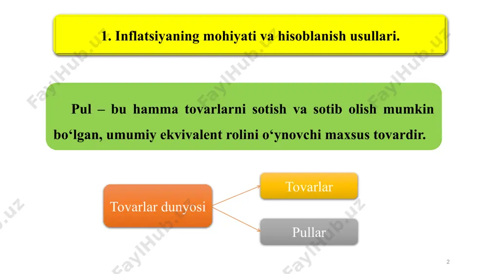 llarning xarid qobiliyatining pasayishi; uzoq davr mobaynida narxlarning umumiy o‘sishi. pulning qadrsizlanishi deganda, bir xil miqdordagi pulga vaqti kelib kamroq bo'lgan tovar va xizmatlarni sotib olish, ya'ni sotib olinishi mumkin bo'lgan tovar va xizmatlar miqdorining vaqti kelib kamayishi tushuniladi. misol uchun, yilning boshida 100 ming so'mga sotib olish mumkin bo'lgan kundalik iste'moldagi tovar va xizmatlarning miqdori yilning oxiriga kelib kamayadi. bu esa 100 ming so'mga yilning oxirida yilning boshidagiga nisbatan xuddi o'sha tovar va xizmatlarni kamroq miqdorda sotib olish demakdir. 6 qog‘oz pullar inflyatsiyaga uchraganda oltinga nisbatan qadrsizlanadi; tovarlarga nisbatan qadrsizlanadi; bardoshli chet el valyutalariga nisbatan qadrsizlanadi; 7 oltin pul ikki holatda qadrsizlanadi: oltin qazib olish texnologiyasi takomillashib, yangi texnikalarni qo‘llagan holda mehnat unumdorligining oshishi va, binobarin, oltin qiymatining pasayishi natijasida. metall pullarni soxtalashtirish jarayoni orqali. inflyatsiya davrida barcha tovarlarning baholari ham oshavermaydi: ayrimlariniki barqaror bo’lib tursa, ba‘zilariniki esa tushishi mumkin. inflatsiya namoyon bo‘lishining uch belgisi: 8 1 jahon xo‘jaligi …
