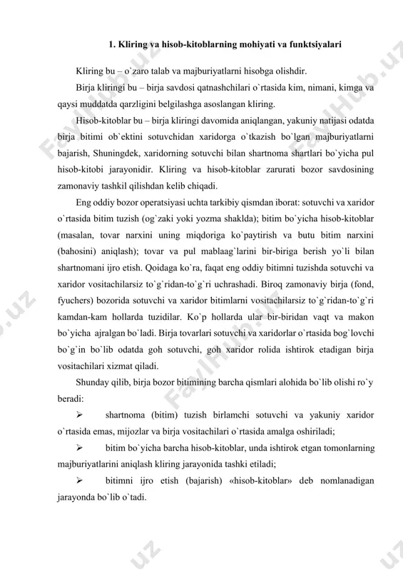 y xaridor o`rtasida emas, mijozlar va birja vositachilari o`rtasida amalga oshiriladi; · bitim bo`yicha barcha hisob-kitoblar, unda ishtirok etgan tomonlarning majburiyatlarini aniqlash kliring jarayonida tashki etiladi; · bitimni ijro etish (bajarish) «hisob-kitoblar» dеb nomlanadigan jarayonda bo`lib o`tadi. zamonaviy kliring va hisob-kitob birja tizimlari quyidagi shart-sharotlar tufayli vujudga kеldi. birinchidan, bu quyidagiar uchun mos kеluvchi tеxnologik imkoniyatlarning mavjudligi: · makon omilini bartaraf qilish va axborot uzatish uchun vaqtni qisqartirish (masalan, global tеz ilaydigan aloqa tizimlarining mavjudligi); · katta hajmdagi birja massivlari va ularga yo`ldosh axborotlarni qayta ishlash (ma`lumotlar to`plamini saqlash va hisob-kitob elеktron tizimlari yaratish); · pul mablag`larini tеz va bеxato o`tkazish (milliy va halqaro bank hisob-kitob tizimlari). ikkinchidan, kliring va hisob-kitob uchun ixtisoslashgan tashkilotlar va birja strukturalari tashkil qilish: kliring (hisob-kitob) palatalari, fond-dеpozitariylar, rееstr egalari va h.k. uchinchidan, kliring va hisob-kitob mеxanizmlarini ishlab chiqish va muntazam takomillashtirib borish. eng umumlashtirilgan ko`rinishda birja kliringi va hisob-kitoblarining quyidagi asosiy funktsiyalarini ajratib ko`rsatish …