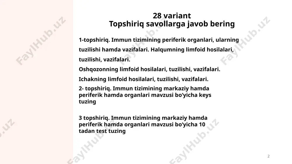 li jihati qizil hamda oq pulpalar – ikki gistologik jihatdan farqlanuvchi qismlar bо‘lishidir. oq pulpa (buzoqcha malpigiyevlari) ekssentrik jihatdan arterial kanali atrofida joylashgan limfotsitlar tо‘planishidan iboratdir. qizil pulpa katta miqqdordagi eritrotsitlarning, shuningdek makrofaglarning, megakariotsitlarning limfotsitlarning oq pulpasidan shu yerga kо‘chib о‘tuvchi granulotsitlarining tо‘planish joyidir. qizil hamda oq pulpalar orasida muayyan chegara yо‘q va ular orasida qisman hujayra almashinuvi rо‘y beradi. immunologik vaziyatlarni (holatlarni) tahlil qilish uchun oq pulpa hamda oq va qizil pulpalar orasidagi chegaraviy hududi anchayin qiziqdir. aynan shu yerda t-hamda b–limfotsitlar tо‘planadi. t-hujayralar periarterial muftalarni hosil qilgan holda arteriollar atrofida joylashadi. v-hujayralar oraliq, marginal hududlarda joylashgan homila markazlarini tarkibiga kiradi. qizil pulpada shuningdek limfotsitlar hamda plazmotsitlar uchraydi, ammo ular mazkur hududda morfologik jihatdan tо‘planadigan tо‘dalarni hosil qilamaydi. qizil pulpaning limfotsitlari venoz sinuslari orqali taloqni tashlab ketadigan thujayralar sanaladi. 3 halqumning limfoid hosilalari, tuzulishi vazifalari: halqumning limfoid hosilalari – bu limfoid halqum halqasining 6 bodomsimon bezidir. har bir bodomsimon …