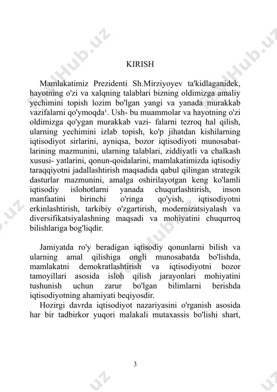 natni tenglashtirish shaklida yu- zaga chiqishi, ya'ni tovarda gavdalangan mehnatning va uning nafliligini hisobga olinishi ham ta'kidlangan. alisher navoiyning iqtisodiy masalalarga oid g'oyalari 1482-yilda yozilgan «vaqfiya» va 1500 yilda yozilgan «mahbub-ul-qulub>>> asarlarida bayon etilgan. u kishi mahsulotni uch qismga boʻlib, birinchi qismini ketgan xarajatga, ikkinchi qismini o'zining va oilasining ehtiyojlariga, uchinchi qismini esa aholining ijtimoiy manfaatlari uchun sarflashga chaqiradi. bundan tashqari, mahsulotni yaratishda mehnat- ning roliga va ishlab chiqarish vositalarining ishtirokiga alohida e'tibor beradi. shu bilan birga boylikni halol mehnat bilan topish, to'plash va foydalanish zarurligini ta'kidlaydi. 1-bob. iqtisodiyot inson hayotining poydevorini tashkil etadi 1.1. ehtiyoj bu nima? iqtisodiyot asoslarini, uning amal qilish qoida va tamoyillarini o'rganish, iqtisodiy muammolarni hal etish eng avvalo ehtiyoj tushunchasi bilan uzviy bog'liqdir. chunki, birinchidan, inson hayotiga turli ehtiyojlarning paydo boʻlishi va qondirilishi jarayoni sifatida qarash mumkin. ikkinchidan esa, iqtisodiyotning doimiy va bosh masalasi ehtiyojlarning cheksizligi va iqtisodiy resurslarning cheklanganligi orqali namoyon boʻladi. ehtiyojlar turli-tuman …