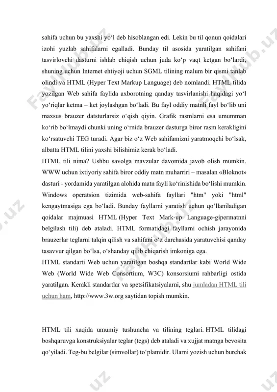 b chiqish uchun juda ko‘p vaqt ketgan bo‘lardi, shuning uchun internet ehtiyoji uchun sgml tilining malum bir qismi tanlab olindi va html (hyper text markup language) deb nomlandi. html tilida yozilgan web sahifa faylida axborotning qanday tasvirlanishi haqidagi yo‘l yo‘riqlar ketma – ket joylashgan bo‘ladi. bu fayl oddiy matnli fayl bo‘lib uni maxsus brauzer datsturlarsiz o‘qish qiyin. grafik rasmlarni esa umumman ko‘rib bo‘lmaydi chunki uning o‘rnida brauzer dasturga biror rasm kerakligini ko‘rsatuvchi teg turadi. agar biz o‘z web sahifamizni yaratmoqchi bo‘lsak, albatta html tilini yaxshi bilishimiz kerak bo‘ladi. html tili nima? ushbu savolga mavzular davomida javob olish mumkin. www uchun ixtiyoriy sahifa biror oddiy matn muharriri – masalan «bloknot» dasturi - yordamida yaratilgan alohida matn fayli ko‘rinishida bo‘lishi mumkin. windows operatsion tizimida web-sahifa fayllari "htm" yoki "html" kengaytmasiga ega bo‘ladi. bunday fayllarni yaratish uchun qo‘llaniladigan qoidalar majmuasi html (hyper text mark-up language-gipermatnni belgilash tili) deb ataladi. html formatidagi fayllarni ochish …