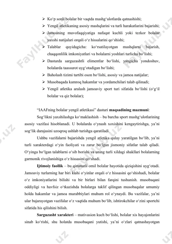 ugurish turlarida (estafetalar) o‘z natijalari bilan yoki individual bahslarda umumiy jamoa natijalariga (har bir turda) o‘z hissalarini qo‘shadi. individual tarzda ishtiroki jamoaviy natijalarga yordam beridi va har bir bolaning qimmatini oshiradi. har bir bola barcha turlarda qatnashishi kerak, ya’ni ularda ertaroq ixtisosliklarni his qilishlari uchun. jamoalar aralash tarkibda (qoida bo‘yicha 5 nafar o‘g‘il bola va 5 nafar qiz bolalar) bo‘ladi. yosh guruhlari va musobaqa dasturi “iaafning bolalar yengil atletika dasturi” uchta yosh guruhi bo‘yicha rivojlantiriladi: · iguruh: 7 va 8 yoshli bolalar; · ii guruh: 9 va 10 yoshli bolalar; · iii guruh: 11 va 12 yoshli bolalar; i va ii guruhlar uchun barcha musobaqalar jamoaviy o‘tkaziladi. iii guruh uchun musobaqalar estaftali shaklda yoki shaxsiy shaklda, ya’ni ikki jamoaning ham yarmidan tashkil topgan bo‘lishi kerak. musobaqada qatnashish uchun jamoalarni quyidagicha shakllantiriladi, ya’ni ikki jamoa vakillaridan tarkib topadi. jamoaviy tizimdan shaxsiy birinchilikka o‘smirlar musobaqasiga mos ravishda ishtirok etish uchun o‘tish. tashkilotchilik …