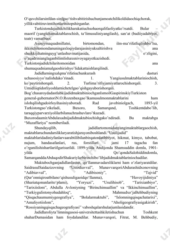 adni jadid maktabi ochishga ko‘ndiradi va bu maktabga “muzaffariya” degan nomni beradi. jadidchilik g‘oyasi turkistonda xix asr 80-yillarining ikkinchi yarmidan boshlab tarqalib, shu asrning 90- xx asrning boshlari oralig‘ida muntazam ijtimoiy-siyosiy, madaniy-ma’rifiy harakat sifatida shakllandi. jadidchilik harakati asosan ikki davrga bo‘linadi: 1) xix asrning 90-yillaridan-1917 yil fevralgacha; 2) 1917 yil fevraldan-1929 yilgacha. birinchi davrning o‘zi uch bosqichga bo‘linadi: 1) jadidchilik g‘oyasining paydo bo‘lishi va muntazam uyushgan harakat shakliga ega bo‘lishi (xix asrning 90-yillari-1905 yil); 2) jadidchilik harakatining nisbatan tez va qarshiliksiz rivojlanishi (1905-1909 yillar); 3) jadidchilikning chorizm tomonidan ozodlik, demokratik va inqilobiy harakatlarga qarshi kurashni kuchaytirgan davrdagi rivojlanishi (1909-1916 yillar). ikkinchi davr ham voqealar rivojlanishiga qarab uch bosqichga bo‘linadi: 1) 1917 yil fevral-oktabr; 2) 1917 yil noyabr-1924 yil; 3) 1925-1929 yillar. jadidchilik harakati, shu vaqtgacha islom dunyosida sira ham ko‘rinmagan ilg‘or va tezkor o‘qitish “savtiya” (tovush) usuliga asoslangan jadid maktablari tashkil topishidan boshlandi. bu maktablarda bolalar bir yilda savod chiqarib, …