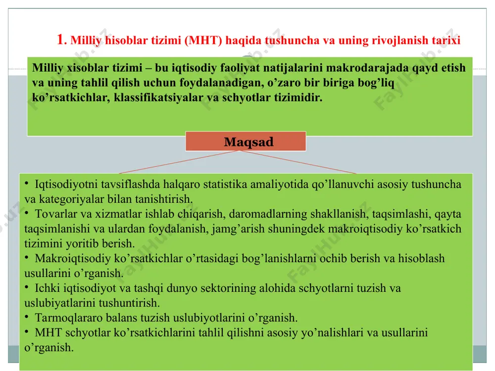 i-yo’nalishi: tovarlar va xizmat-larning ishlab chiqarish va iste’mol jarayonlari-dagi holatini o’zgarishi (ishlab chiqarish, qayta ishlab chiqarish, iste’-mol jarayonlari)ni ku-zatishga asoslanga. (fiziokrat, kuesney-1760 y.,rikardo-1817 y., k.marks-1885 y., leontev-1929-39 y. ) yuqoridagi yo’nalishlarni umumlashtirib, halqaro tashkilotlar: bmt, hvf, jahon banki va boshqalar – milliy hisoblar tizimining nazariy va uslubiy asoslarini ishlab chiqishda va amaliyotga tadbiq qilishda katta xissa qo’shdilar 2. mhtning asosiy tushunchalari va tasniflari. kontseptsiyaning maqsadi daromadni yaratish faqatgina nomoddiy ishlab chiqarish so-halarga tegishli bo’l-masdan balki xizmat sohasiga ham te-gishlidir. shu kon-tseptsiyaga asosan iqtisodiy ishlab chi-qarish barcha iqti-sodiy faoliyat tur-larini o’z ichiga oladi, ya’ni tovarlar va xizmatlar ishlab chiqarish sohasi shu jumladan nomoddiy xizmatlar ko’rsatish sohasi mhtni 1993 yildagi nusxasida yashirin iqtisodi-yotni ham o’z ichiga oladi. iqtisodiy ishlab chiqarish natija-sida yaratilgan daromad, bu bar-cha ishlab chiqa-rish omillariga tegishlidir: yer, sarmoya, mehnat va tadbirkorlik. shu sababli ya-ratilgan daromad ishlab chiqarish omillarini egalari o’rtasida taqsim-lanadi. mht-1993 yildagi nus-xasida “omillar daromadi” o’rniga “birlamchi daro-madlar” …