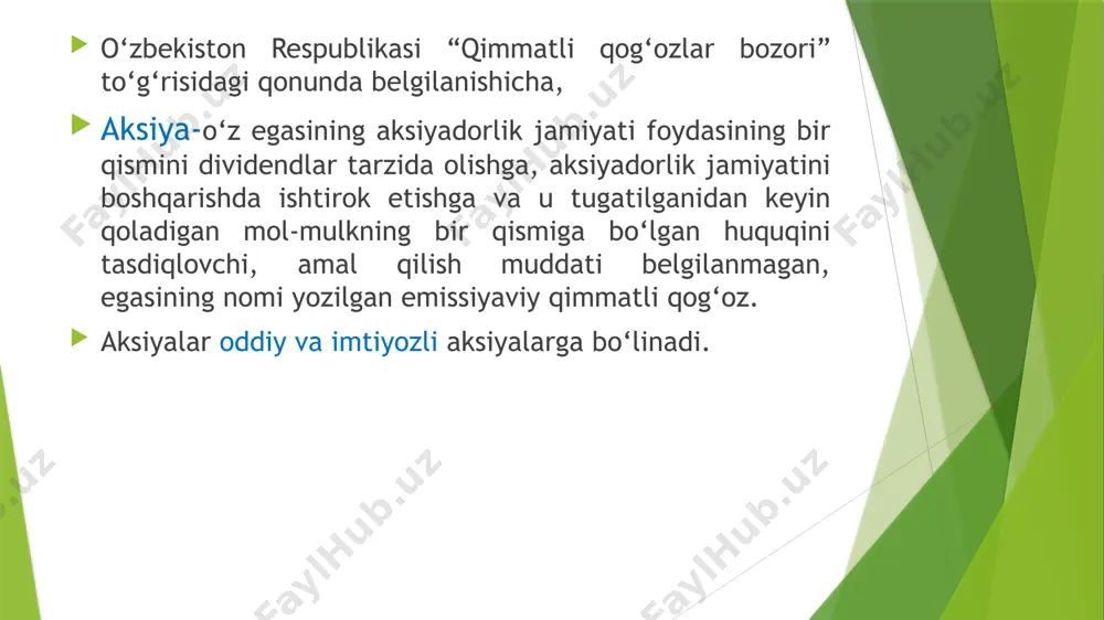i, muassislar o‘rtasida joylashtirilishi lozim bo‘lgan aksiyalarning turlari, ular uchun to‘lanadigan haqning miqdori va uni to‘lash tartibi, muassislarning jamiyatni tashkil etishga doir huquq va majburiyatlari belgilanadi. aksiyadorlik jamiyatni ta’sis etish to‘g‘risidagi qaror muassislarning ovoz berish natijalarini hamda jamiyatni ta’sis etish, uning ustavini tasdiqlash, jamiyatning boshqaruv organlarini shakllantirish masalalari yuzasidan muassislar qabul qilgan qarorlarni aks ettiradi. aksiyadorlik jamiyatini ta’sis etish, uning ustavini tasdiqlash to‘g‘risidagi va muassis tomonidan jamiyatning aksiyalari haqini to‘lash uchun kiritilayotgan qimmatli qog‘ozlarning, o‘zga mulkiy huquqlarning yoki pulda ifodalanadigan bahoga ega bo‘lgan boshqa huquqlarning pulda ifodalanadigan bahosini haqidagi qarorlar muassislar tomonidan bir ovozdan qabul qilinadi. korxonalar, investitsion kompaniyalar va fondlar, banklar aksiya emitentlari bo‘lishi mumkin. aksiyadorlik jamiyat tomonidan aksiyalarning dastlabki chiqarilishini joylashtirish muddati jamiyat davlat ro‘yxatidan o‘tkazilgan paytdan e’tiboran bir yilda amalga oshiriladi. aksiyadorlik jamiyatini birlamchi ustav kapital hajmini oshirishda, ya’ni qo‘shimcha aksiyalarni chiqarishda aksiyalar emissiya qilinadi. birinchi holatda, chiqarilgan aksiyalar, ya’ni ularning soni va nominal qiymati jamiyat ustavi …