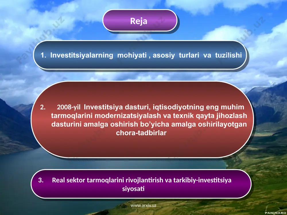 deb takidlaydi www.arxiv.uz investitsiya talab funktsiyasi i = e – dr + ny r e i i – investitsiya hajmi e – invest. hajmi max miqdori dr – bankning diskont stavkasi ny – invest-ning daromad o’sishidagi ulushi sava_89@bk.ru www.arxiv.uz investitsiya hajmiga ta’sir etuvchi omillar : daromad yim xarajat inflyatsiya sava_89@bk.ru www.arxiv.uz investitsiya turlari moddiy aktivlarga qilinadigan investitsiya nomoddiy aktivlarga qilinadigan investitsiya moliyaviy mablag’larga investitsiya sava_89@bk.ru www.arxiv.uz investitsiya jarayoni 2 xil ko’rinishda kuzatish mumkin real sektorlargda amalga oshiriladigan investitsiya faoliyati ir ik i/ch t d ir – inve-ya resurslari ik - inve-ya kiritilishi i/ch – ishlab chiqarish t – tovar d - daromad www.arxiv.uz moliyaviy sektorlarda kuzatiladigan investitsiya faoliyati ir qqq d ir – inve-ya resurslari qqq – qimmatli qog’ozlarga qo’yilmalar d - daromad www.arxiv.uz investitsiya faoliyati ishtirokchilari: o’zbekiston respublikasi rezidentlari ; davlat hokimyati va boshqaruv organlari; xorijiy davlatlar; xalqaro tashkilotlar; chet el yuridik va jismoniy shaxslari; hamkorlikda investitsiya faoliyatini amalga …