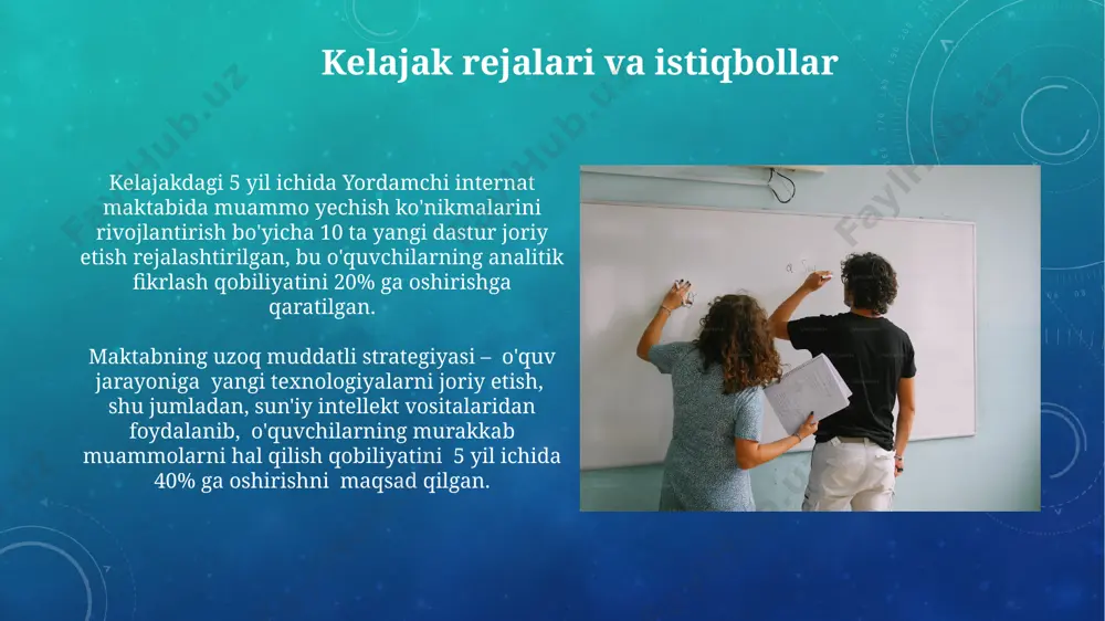 o'tkazildi, natijada 85% o'qituvchilar yangi o'quv resurslaridan samarali foydalanishni o'zlashtirdilar. yordamchi internat maktabida muammo yechishga kirish matematika fanidan 10-sinfda oʻquvchilarga 30 ta turli xil murakkab muammo yechishga oid test topshiriqlari beriladi, natijalariga koʻra ularning bilimlari baholanadi. murakkab muammolarni yechishda 8-sinf oʻquvchilari guruhlarda ishlash orqali, loyiha uslubida, muammoni aniqlash, tahlil qilish va echim topish bosqichlarini oʻrganadilar. muammo yechish jarayonida tanqidiy fikrlashni rivojlantirish debatlar va munozaralar orqali 4 bosqichli tanqidiy fikrlash jarayonini (tahlil, baholash, sintez, xulosa) o‘zlashtirish talabalarning muammo yechish qobiliyatini sezilarli darajada yaxshilaydi. muammo yechishda kamida 3 ta turli yondashuvni qo‘llash orqali talabalarning analitik va mantiqiy fikrlash ko‘nikmalarini 20% ga oshirish mumkin. murakkab muammolarni tahlil qilish bosqichlari murakkab muammoni tahlil qilishning birinchi bosqichi – muammoning 3 ta asosiy tarkibiy qismini aniqlash: maqsad, shartlar va cheklovlar. bu aniqlik keyingi bosqichlar uchun muhim asos bo'ladi. muammoning echimi uchun kamida 2 ta variantni ishlab chiqish va ularning har birini 4 ta mezon (samaradorlik, vaqt …