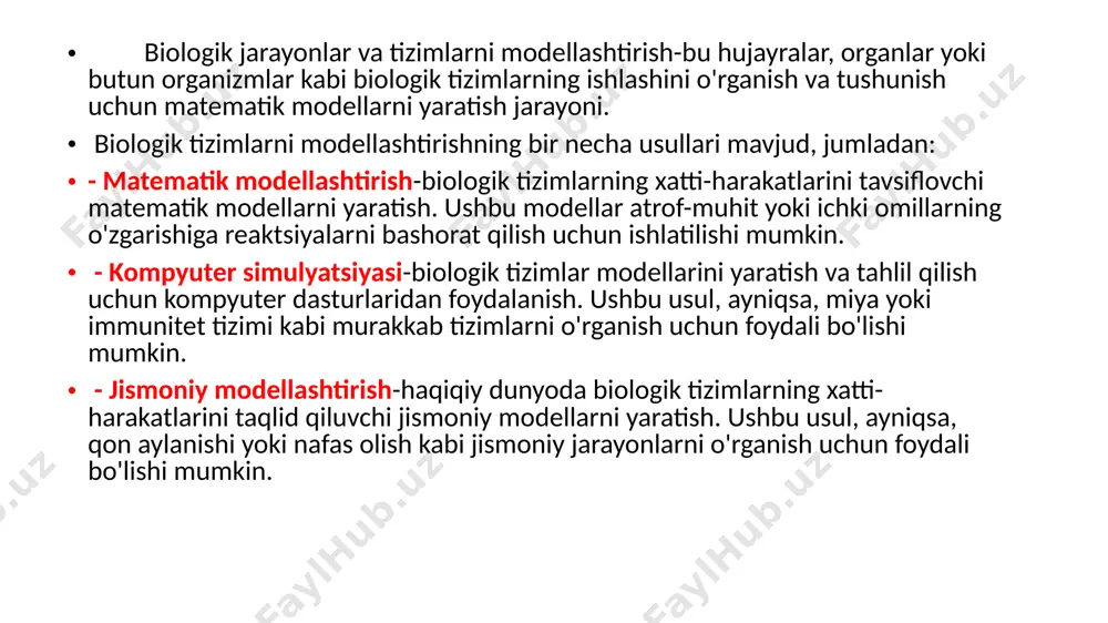 cha o'qitish uchun ishlatilishi mumkin, bu ularga biologik tizimlardagi murakkab jarayonlar va hodisalarni yaxshiroq tushunishga imkon beradi. biologik tizimlarni modellashtirishda qanday cheklovlar mavjud? biologik tizimlarni modellashtirishda bir nechta cheklovlar mavjud. birinchidan, bu tizimlarning murakkabligi, ular juda xilma-xil bo'lishi mumkin va bir-biri bilan o'zaro ta'sir qiluvchi ko'plab tarkibiy qismlarni o'z ichiga oladi. ikkinchidan, bu modellarni yaratish uchun zarur bo'lgan ma'lumotlarning mavjudligi va aniqligidagi cheklovlar. shuningdek, biologik tizimlarning ishlash mexanizmlarini to'liq tushunmaslik tufayli cheklovlar paydo bo'lishi mumkin. bundan tashqari, simulyatsiya kompyuterlarning hisoblash qobiliyatlari bilan cheklanishi mumkin. bu omillarning barchasi biologik tizim modellarining aniqligi va ishonchliligiga sezilarli ta'sir ko'rsatishi mumkin. ilm-fanning qaysi sohalari o'z tadqiqotlari uchun biologik tizim simulyatsiyalaridan foydalanishi mumkin? biologik tizimlarni modellashtirish fanning ko'plab sohalarida, shu jumladan biologiya, tibbiyot, farmakologiya, ekologiya, agronomiya va boshqalarda qo'llanilishi mumkin.masalan, biologiyada modellashtirish biologik tizimlarning molekulalar va hujayralar darajasida qanday ishlashini va organizmlarda biologik jarayonlar qanday sodir bo'lishini tushunishga yordam beradi. tibbiyotda modellashtirish kasalliklarni o'rganish va …