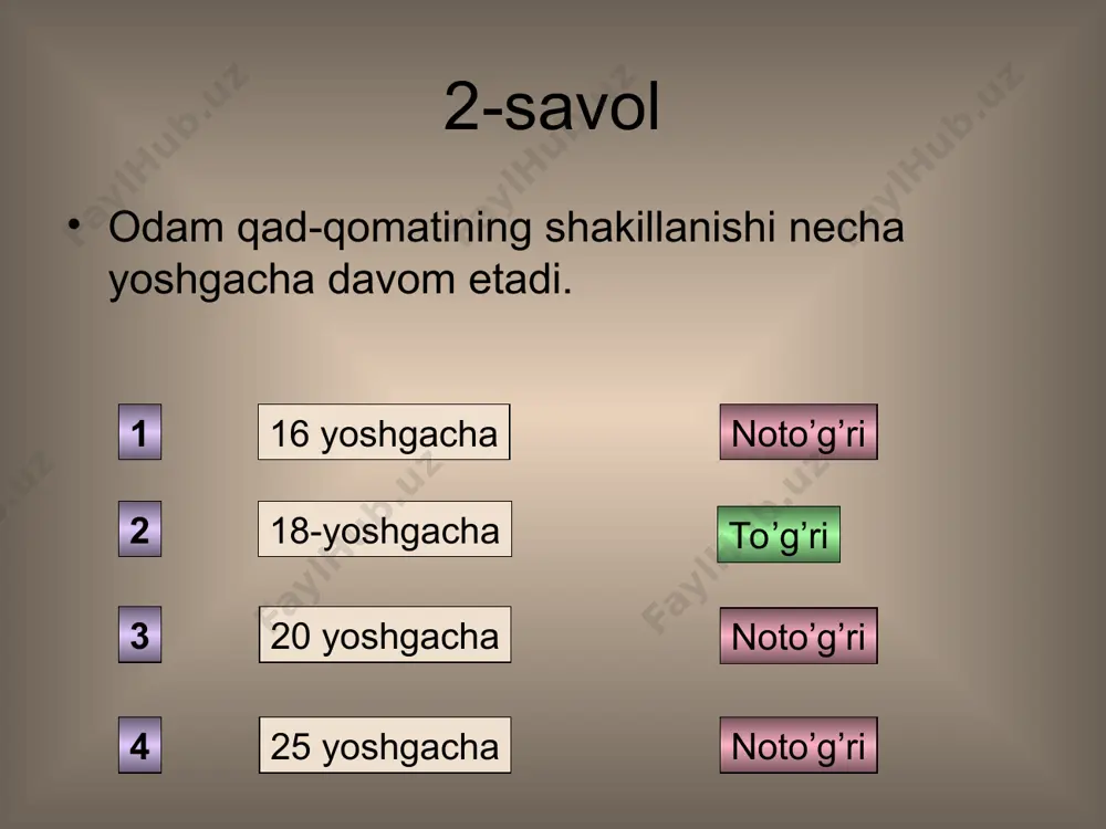 ab 2—5 kun yashaydi. trombotsitlarning asosiy vazifasi qonning ivishini ta'minlashdan iborat. ular soni kamayganda qonning ivish xossasi buziladi. trombatsitlarga hos hususiyatlarni ayting. tekshirish 4-savol eritrotsitlarning soni va ular tarkibidagi gemoglobin miqdorining kamayishi kamqonlik (anemiya) kasalligi deb ataladi. ovqat tarkibida oqsillar, temir moddasi, в guruhga kiruvchi vitaminlar yetishmasligi natijasida yuzaga kladi. anemiya qanday kasallik va qanday yuzaga keladi. tekshirish 5-savol qon ivimaslik kasalligi. qonning ivishi — organizmning muhim liimoya reaksiyasi liisoblanadi. qonning bu xossasi turli jarohatlanishlarda organizmni ortiqcha qon yo'qotishdan saqlaydi. qonning ivish xossasi o'zgarsa, ozgina jarohatlanish ham odam sog'lig'iga katta xavf tug'diradi, chunki organizm ko'p qon yo'qotishi mumkin. sog'lom odamda qon 3—4 minut ichida iviydi. ba'zi odamlar qon plazmasining tarkibida qonning ivishida muhim ahamiyatga ega bo'lgan biologik modda — antigemofil omil yetarli bo'lmaydi. bu kasallik gemofiliya deb atalib, u nasldan naslga, ya'ni ota-onadan bolaga o'tadi. bunday odamlarda qon ivishi buziladi, natijada bexosdan burundan qon kelishi, salgina jarohat tufayli ko'p qon …