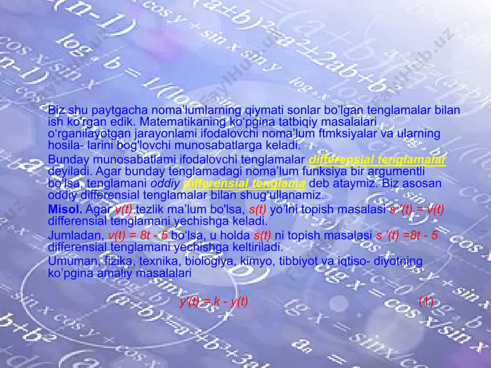 aktiv moddaning yarim yemirilish davri deyiladi. agar bizga t ma’lum bo‘lsa, k ni topish mumkin. haqiqatan, t= t da (3)dan ni olamiz. bundan k ning topilgan qiymatini (3) ga qo‘ysak, u quyidagi ko'rinishni oladi: _ masalan, radiy uchun t ≈ 1550 yil. shunga ko‘ra million yildan keyin radiyning boshlang‘ich massasidan qoladi. ko‘pgina amaliy masalalar davriy jarayonlarni o‘rganishga keladi. masalan, niatematik mayatnik yoki torning harakati, o‘zgaruvchan tok, magnit maydon bilan bog'liq bo‘lgan jarayonlar. bunday jarayonlar garmonik tebranishlar deyiladi. garmonik tebranishlar (5) differensial tenglamani yechishga keltiriladi, bu yerda — berilgan musbat son. bu tenglamaning yechimlari (6) ko‘rinishdagi funksiyalardan iborat, a va o‘zgarmas sonlar masalaning shartlari bo‘yicha aniqlanadi. masalan, agar y(t) erkin tebranayotgan tor nuqtasining t momentdagi muvozanat holatidan chetlanishi bo‘isa, u holda y(t) = acos( t + ) bo‘ladi, bu yerda a — tebranish amplitudasi, — chastota, — boshlang‘ich faza. garmonik tebranishlarning grafiklari sinusoida ko‘rinishida bo‘ladi. yuqorida qaralgan misollar mazmunida nuqta koordinatasidan …
