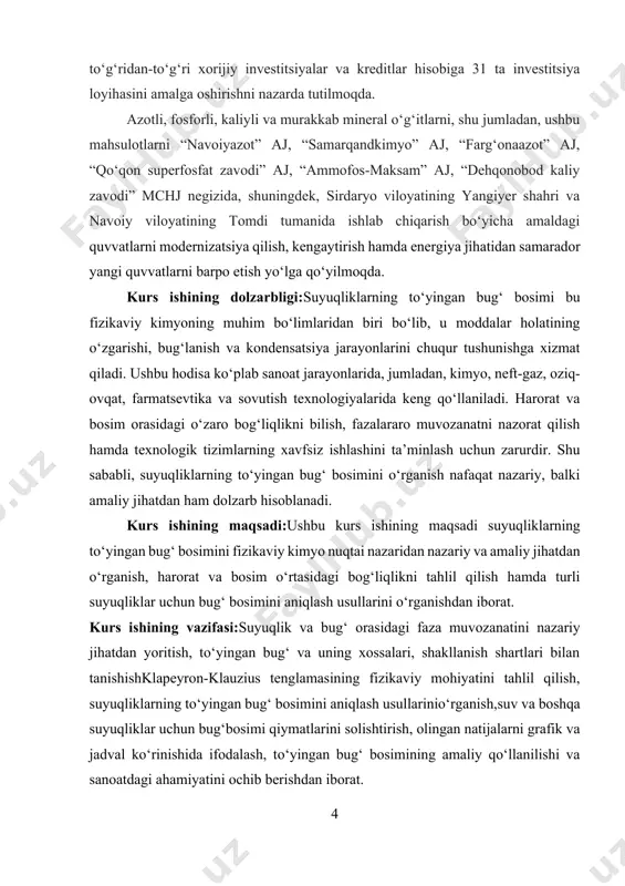 gan bug‘ va uning xossalari, shakllanish shartlari bilan tanishishklapeyron-klauzius tenglamasining fizikaviy mohiyatini tahlil qilish, suyuqliklarning to‘yingan bug‘ bosimini aniqlash usullarinio‘rganish,suv va boshqa suyuqliklar uchun bug‘bosimi qiymatlarini solishtirish, olingan natijalarni grafik va jadval ko‘rinishida ifodalash, to‘yingan bug‘ bosimining amaliy qo‘llanilishi va sanoatdagi ahamiyatini ochib berishdan iborat. kurs ishining hajmi: kurs ishi an'anaga ko'ra kirish, 1 bob adabiyotlar sharhi, ii bob tajriba qismi, xulosa va foydalanilgan adabiyotlar qismidan iborat bo'lib, times new roman bosma taboqda, 14 o'lcham va 1,5 intervallarda yozilgan. kurs ishining hajmi 34sahifadan tashkil topgan. 24 ta adabiyotlar ro'yxatidan tashkil topgan. i-bob: asosiy qism 1.1. to‘yingan bug‘ bosimi haqida tushuncha suyuqliklarning to‘yingan bug‘ bosimi bu suyuqlikning bug‘lanish jarayonida uning bug‘ining eng yuqori bosim qiymatidir. har bir suyuqlik o‘zining xususiyatlariga ega bo‘lib, biror haroratda o‘ziga xos to‘yingan bug‘ bosimiga ega bo‘ladi. suyuqliklar va ularning bug‘lari orasidagi muvozanat shundayki, haroratni oshirganda suyuqlikning bug‘ bosimi ortadi va oxir-oqibatda suyuqlik to‘liq bug‘lanadi. bu jarayon …