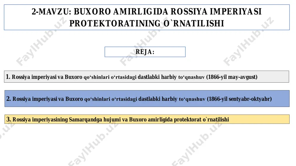 p, 600 arava va 800 ta kerakli tuyadan iborat harbiy qo‘shin o‘ratepaga qarab harakat boshladi. 18.06.2023 17 rossiya imperiyasining harbiy qo‘shinlari o‘ratepani egallagan-dan so‘ng, 12-oktabrda navbatdagi harakat jizzaxga qarshi boshlandi. 18.06.2023 18 to‘xtovsiz otishmalar natijasida shahar devorlari vayron qilinib, ikki kecha-kunduz davom etgan jangdan so‘ng 1866-yil 18-oktabrda jizzax shahri ham podsho hukumati qo‘liga o‘tdi. 18.06.2023 19 samarqand uchun jang turkiston general-gubernatori fon kaufman o‘rta osiyoni bosib olishni buxoro amirligini qo‘lga kiritish bilan davom ettirishga qaror qildi. amirlikning harbiy kuchi qo‘qon xonligi bilan uzluksiz olib borilgan urushlar, ichki nizolar, zamonaviy harbiy texnikada ortda qolishi tufayli zaiflashgan edi. 18.06.2023 20fon kaufman fon kaufman buxoro amirligi chegara hududlarini puxta o‘rganib chiqib, amir muzaffarga chegaraning rossiya mulki foydasiga o‘zgartirilgan yangi loyihasini tasdiqlashni taklif qildi. 18.06.2023 21 amir muzafar bu shartnomani imzolashdan bosh tortdi. shunda k.p.kaufman uni general-gubernatorlik chegaralariga bostirib kirishga tayyorgarlik ko‘rishda ayblab, 4 mingdan ziyod qo‘shindan iborat harbiy otryad to‘plab, 1868-yil aprelda samarqandni …