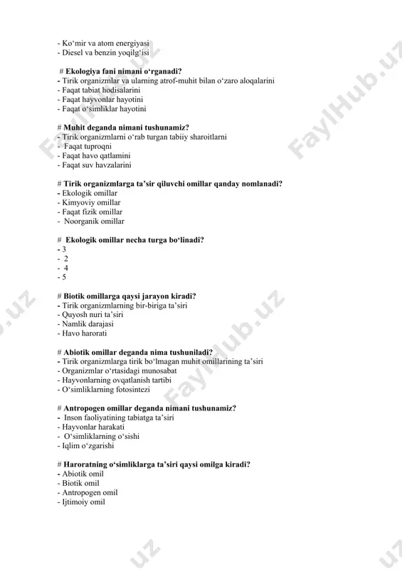 omillarning qaysi turiga kiradi? - abiotik omil - biotik omil - antropogen omil - ijtimoiy omil # ekologik muvozanat buzilganda nima sodir bo‘ladi? - tabiatdagi biologik xilma-xillik kamayadi - tirik organizmlar ko‘payib ketadi - atmosferadagi gaz tarkibi o‘zgarmaydi - hayvonlarning turlari ortib boradi # ekologik barqarorlik nima? - tabiatning o‘zini tiklash qobiliyati - inson tomonidan to‘liq boshqariladigan tizim - hududdagi hayvonlar sonining kamayishi -faqat o‘simliklarning ko‘payishi # ekologik muammolar nima sababdan yuzaga keladi? - inson faoliyati va tabiiy jarayonlar natijasida - faqat tabiiy ofatlar sababli - faqat inson omili tufayli - faqat sanoat rivojlanishi tufayli # hududiy ekologik muammolarga misol keltiring. - orol dengizining qurishi - atmosferaning global ifloslanishi - qutblardagi muzliklarning erishi - ozon qatlamining yemirilishi # mintaqaviy ekologik muammolarga misol qaysi? - cho‘llanish va o‘rmonlarning qisqarishi - butun dunyoda yer resurslarining kamayishi - butun dunyoda havoning ifloslanishi - dengiz sathining ko‘tarilishi # global ekologik muammolar qaysilar? - iqlim …
