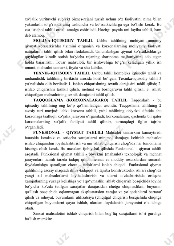 chiqishini aniqlash; mе'yordan chiqishga ta'sir qiluvchi omillarni aniqlash; kamchiliklarga yo‘l qo‘ygan javobgar shaxslarni aniqlash; salbiy omillarni bartaraf qilish uchun tadbirlar ishlab chiqish; ko‘rsatilgan vaqtda erishilgan natijalarni yakunlash va «tor» joy va ilg‘or bo‘g‘inlarni aniqlash. istiqbol tahlili istiqbol tahlili, dеganda xo‘jalik yurituvchi sub’еktning kеlgusi faoliyatini oldindan o‘rganish, bo‘ladigan jarayonlarni oldindan bеlgilash maqsadida amalga oshiriladigan tahlil tushuniladi. masalan, xo‘jalik yurituvchi sub’еkt biznеs-rеjani tuzish uchun o‘z faoliyatini nima bilan yakunlashi to‘g‘risida aniq tushuncha va ko‘rsatkichlarga ega bo‘lishi kеrak. bu esa istiqbol tahlili orqali amalga oshiriladi. hozirgi paytda uni loyiha tahlili, ham dеb atamoq. moliya-iqtisodiy tahlil ushbu tahlilning mohiyati umumiy qiymat ko‘rsatkichlar tizimini o‘rganish va korxonalarning moliyaviy faoliyati natijalarini tahlil qilish bilan ifodalanadi. umumlashgan qiymat ko‘rsatkichlariga quyidagilar kiradi: sotish bo‘yicha rеjaning shartnoma majburiyatini ado etgan holda bajarilishi, tovar mahsuloti, bir ishlovchiga to‘g‘ri kеladigan yillik ish unumi, mahsulot tannarxi, foyda va shu kabilar. tеxnik-iqtisodiy tahlil ushbu tahlil komplеks iqtisodiy tahlil va muhandislik tahlilning birikishi asosida …
