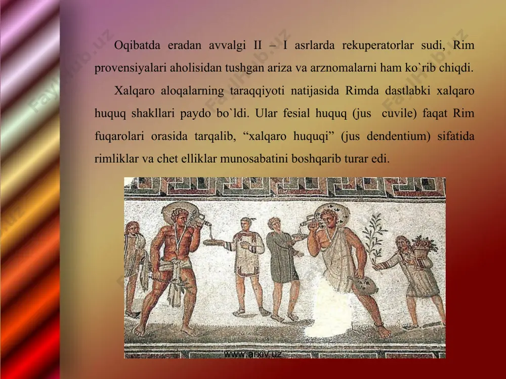 ya davrida davlatni boshqarish imperator qo`lida edi. senat faoliyati davom etib, faqat u respublika davrida rahbar organlardan iborat bo`lgan bo`lsa, endi imperator kengashiga aylandi. bunga munosib tarzida tashqi siyosat va diplomatiyani boshqarish ham o`zgardi. imperator davrida barcha tashqi siyosiy masalalari imperator ko`rsatmasi (prinsepsaya) bo`yicha hal qilinar edi. www.arxiv.uz www.arxiv.uz diplomatiya imperator amaldorlari vazifasiga aylandi. imperiya davrida elchilar saylov orqali tanlab olinmasdan, prinsepsom amaldorlaridan tayinlanar edi. klavdiy davrida (eramizning i asr o`rtalari) elchilar ishlari bo`yicha imperatorning shaxsiy devonxonasi (kanselyariya) bo`li, imperatorning kotibi boshqarar edi. shu bilan bir qatorda bu kanselyariya butun imperiyaning adminstrativ organi hisoblanar edi. imperiya davrida chet el davlatlari elchilar munosabatlaridagi qonunchilik, respublika davrida qanday bo`lsa, shundayligicha saqlanib qoldi. qadimgi rim xalqaro munosabatlari tarixida rim bilan karfagen orasidagi raqobat diqqatga sazovordir. eradan avvalgi 264 yilgacha rim va karfagen munosabatlarida tinchlik xukumron edi, savdo sotiq va dengizda suzish haqida shartnomalar mavjud edi. eradan avvalgi 280 yilgacha nafaqat savdo munosabatlarida siyosiy …